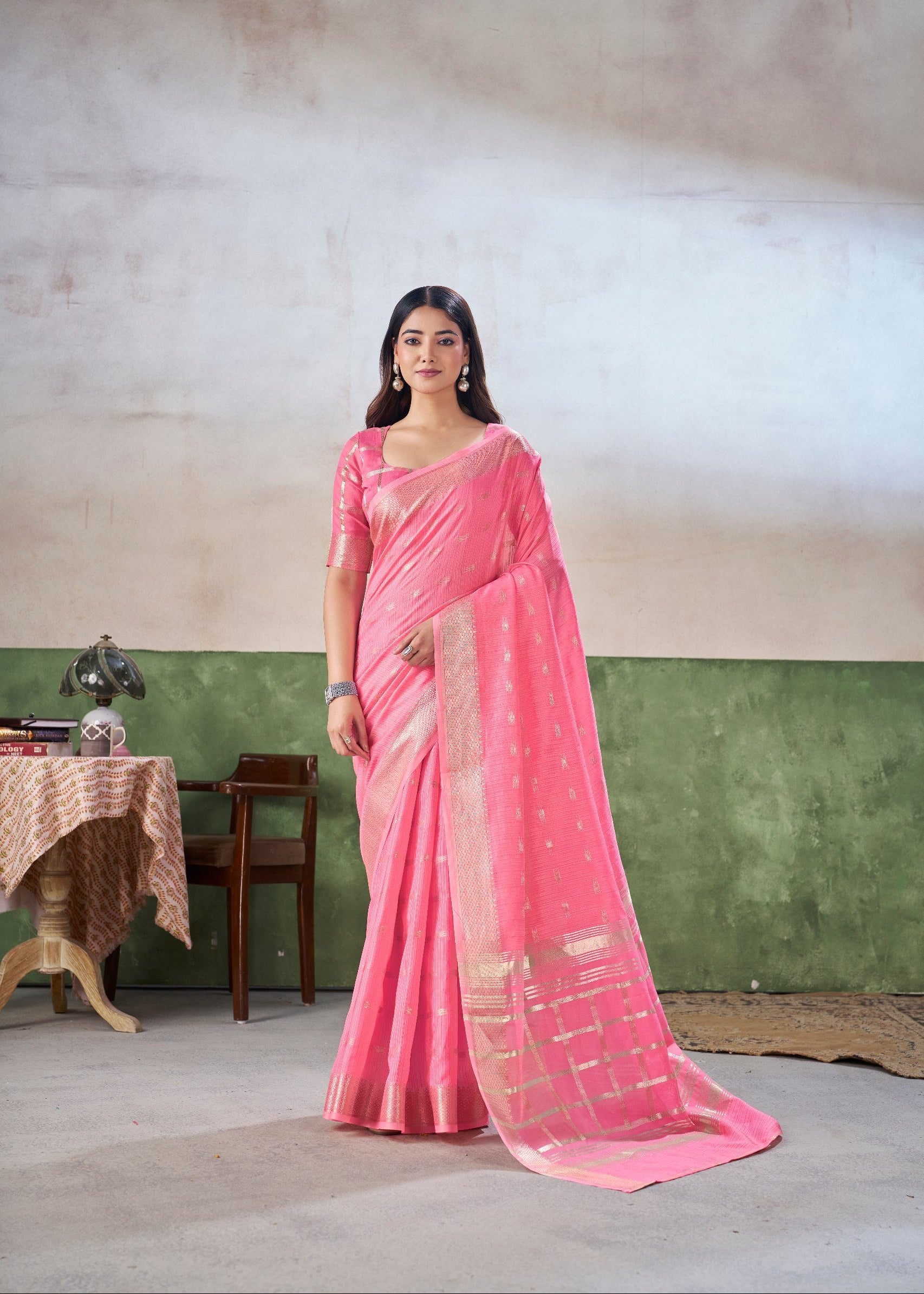 Pink Soft Linen Cotton Silk Saree