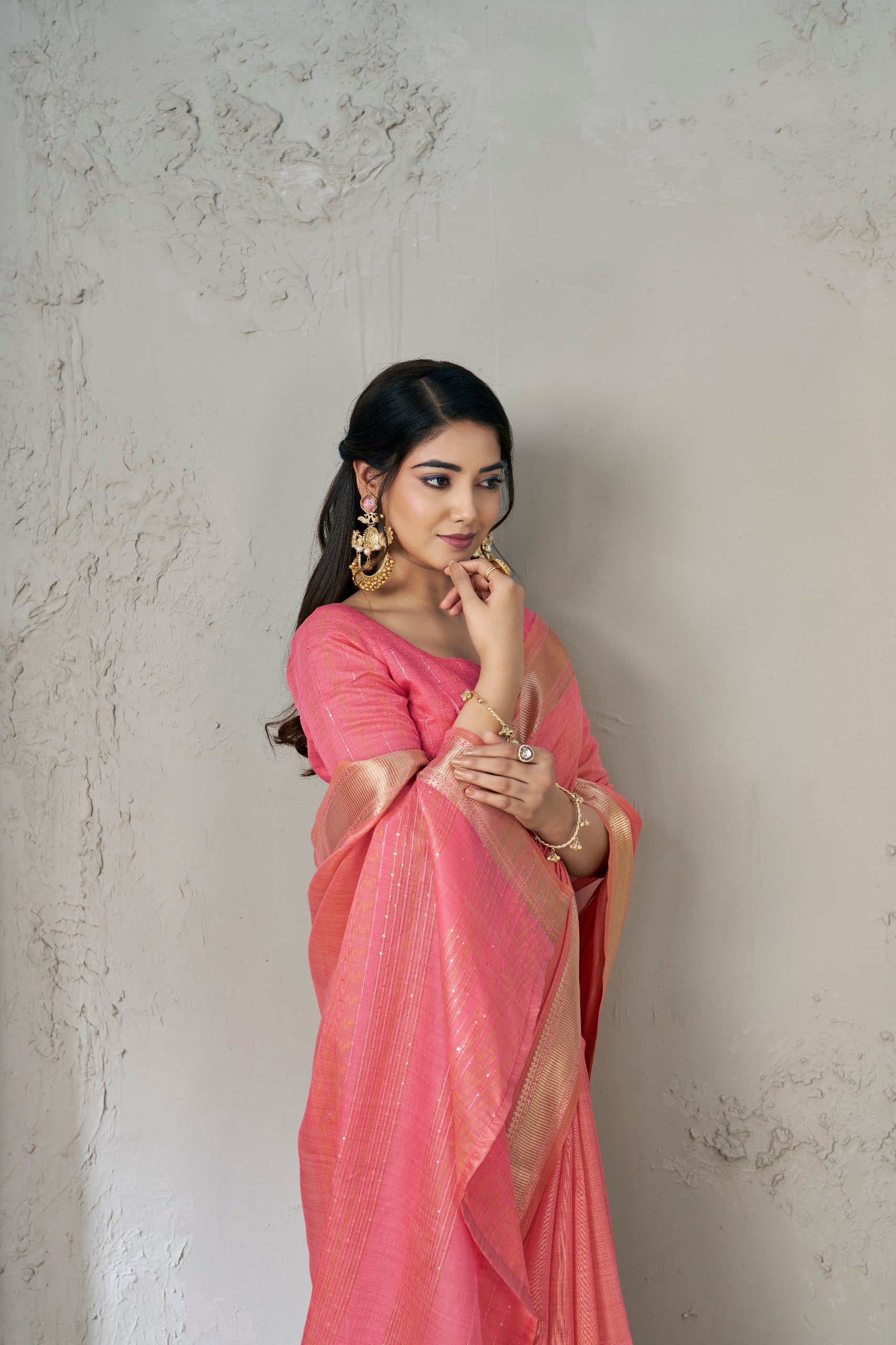 Pink Soft Linen Cotton Silk Saree