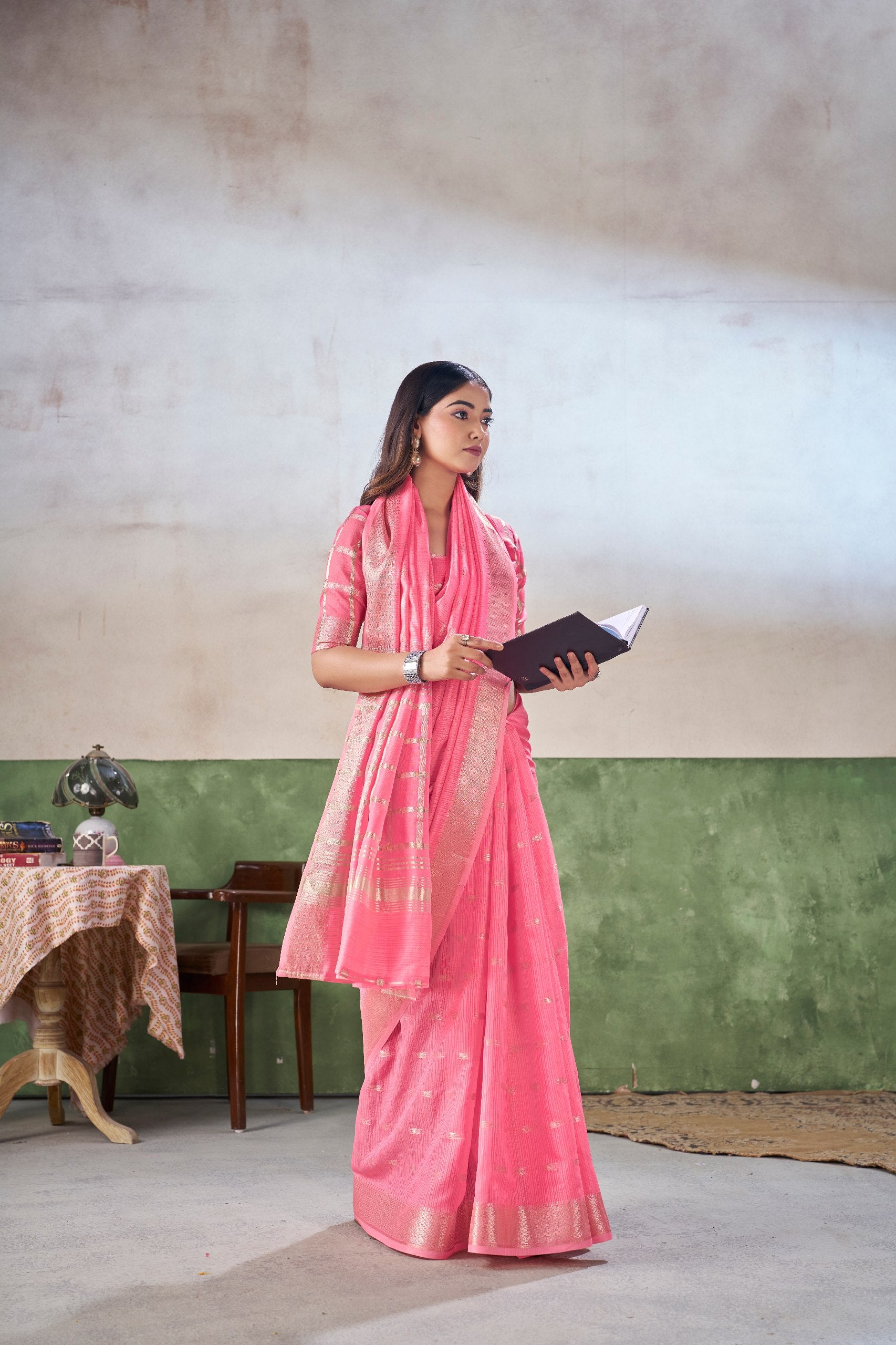 Pink Soft Linen Cotton Silk Saree