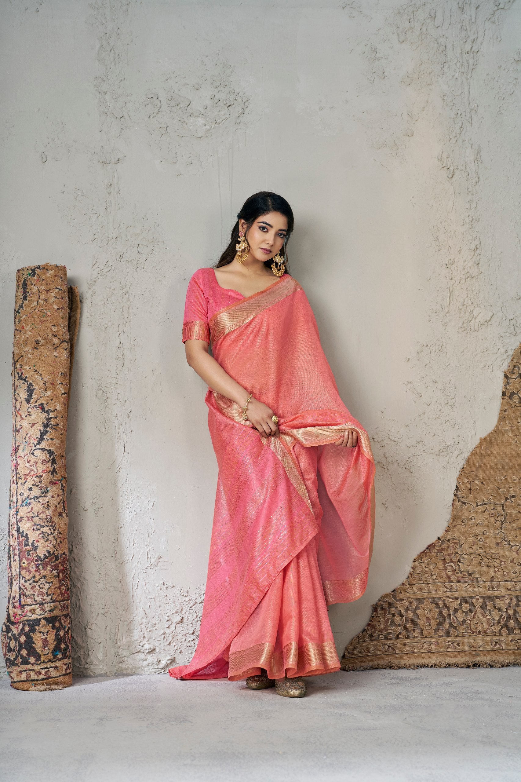 Pink Soft Linen Cotton Silk Saree