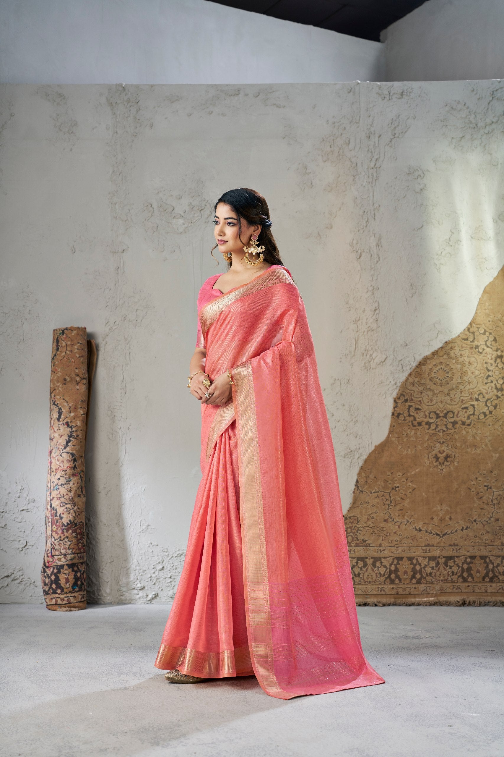 Pink Soft Linen Cotton Silk Saree
