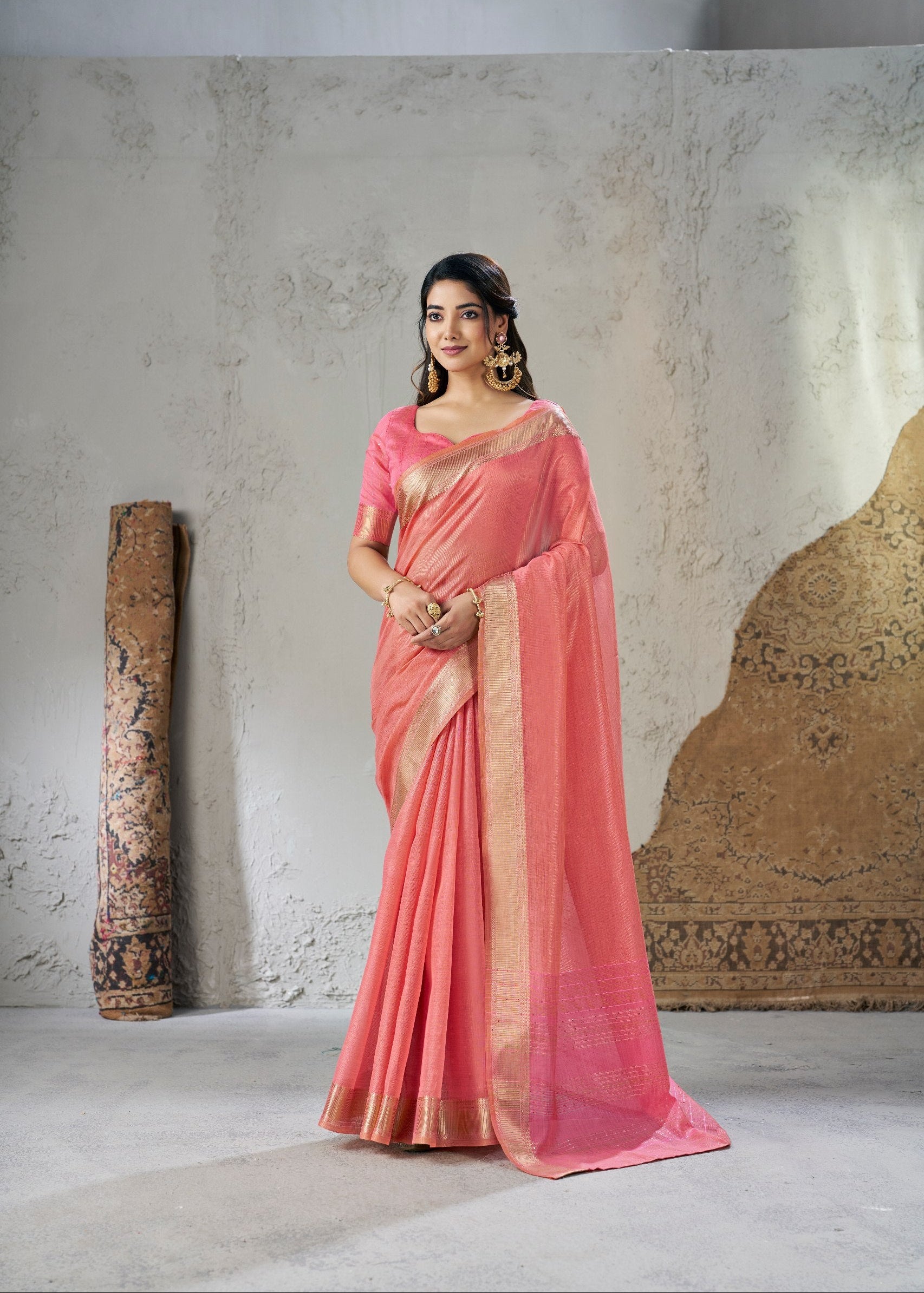 Pink Soft Linen Cotton Silk Saree