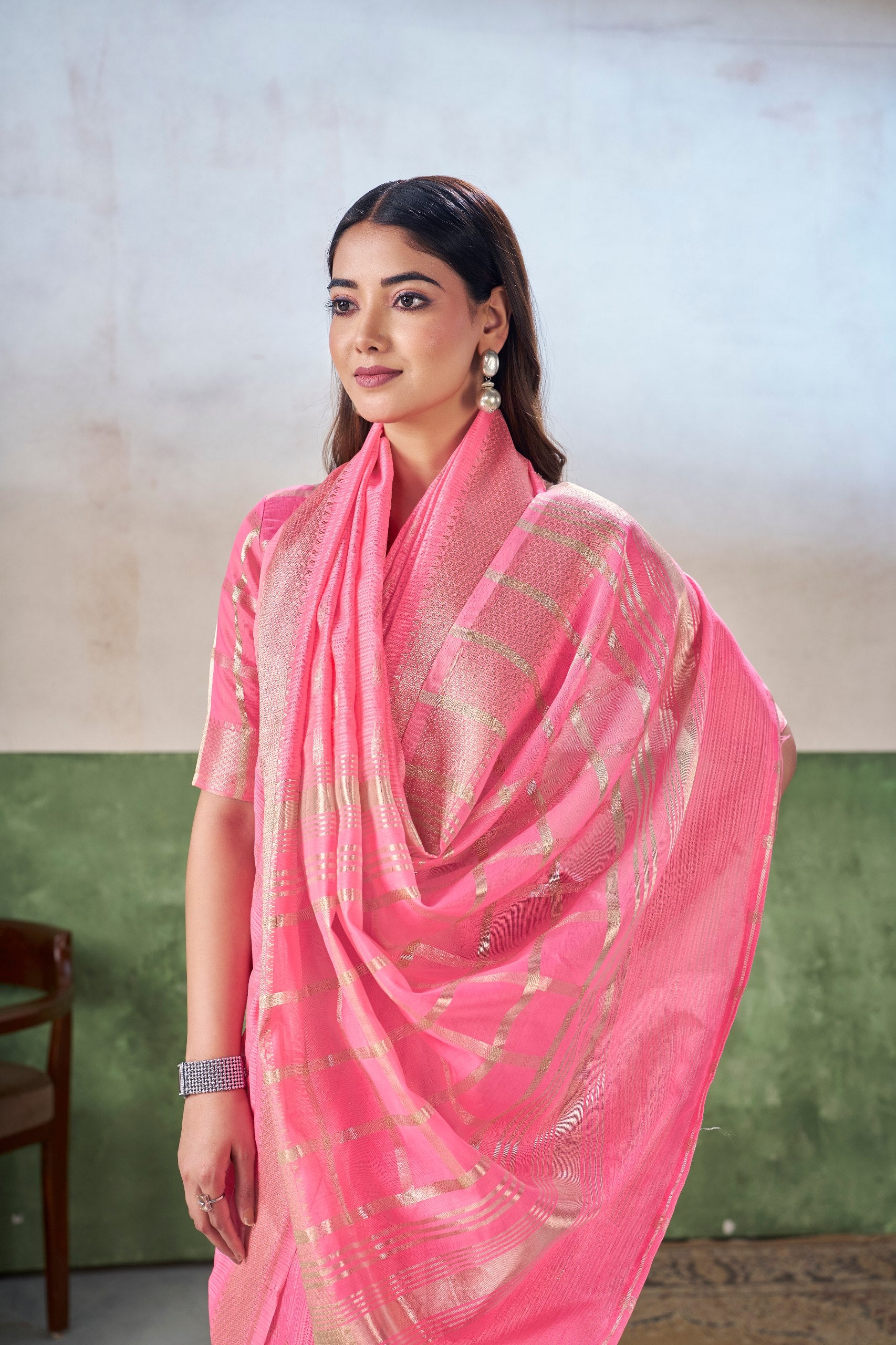 Pink Soft Linen Cotton Silk Saree