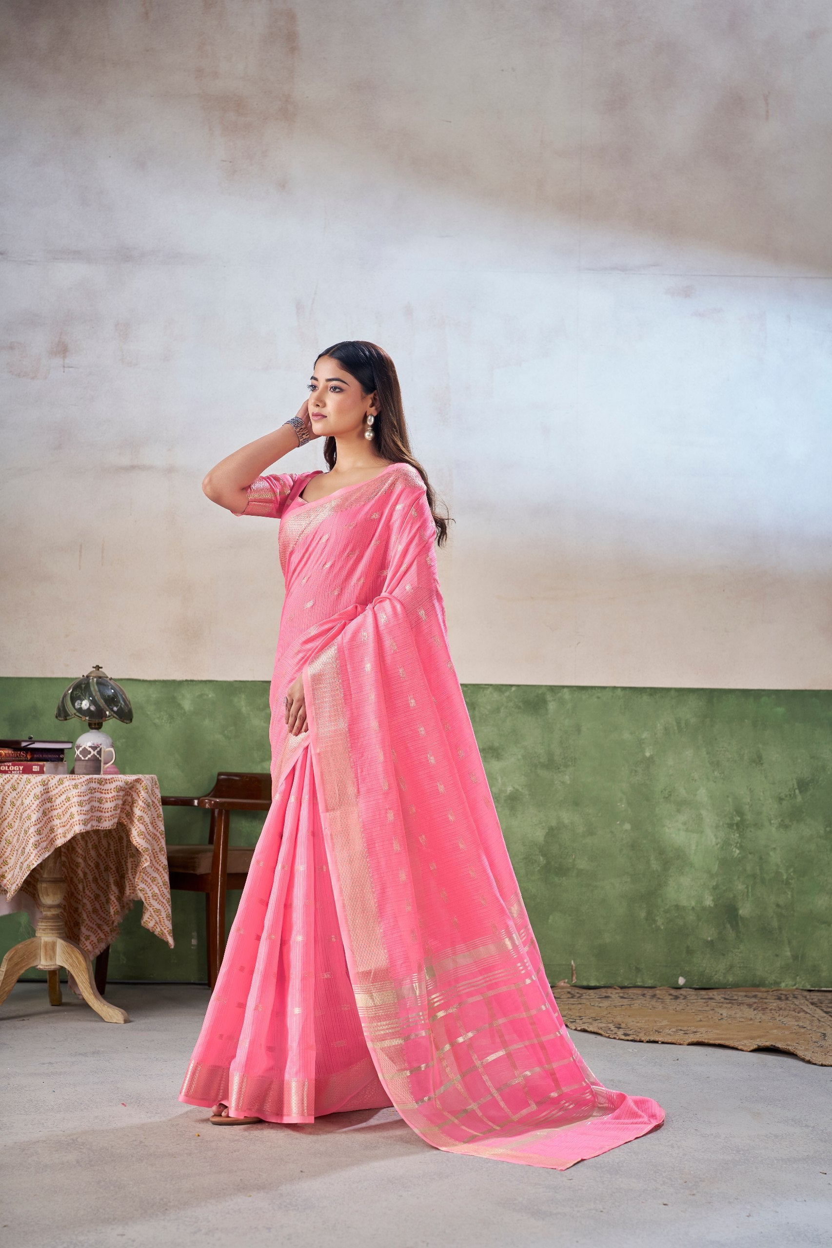 Pink Soft Linen Cotton Silk Saree