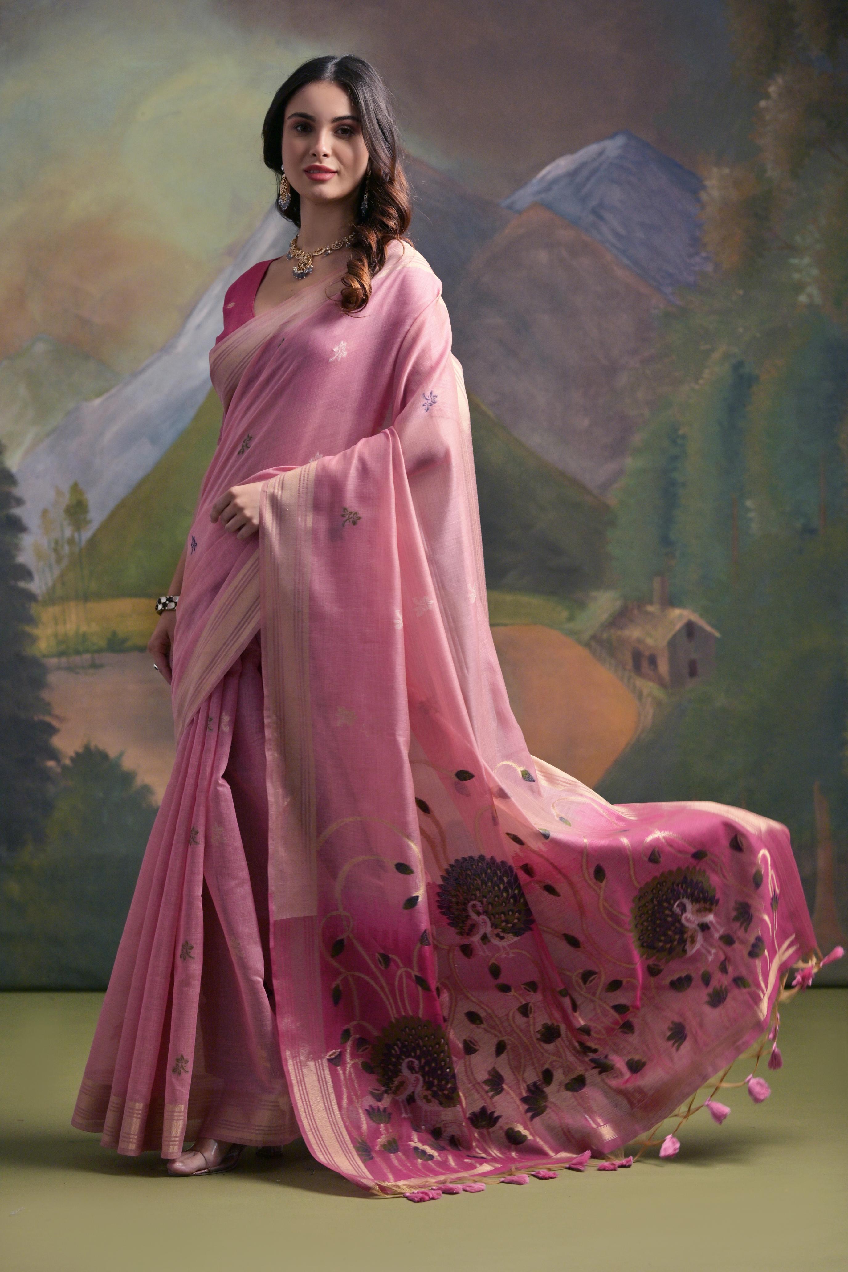 Pink Soft Muga Silk Saree
