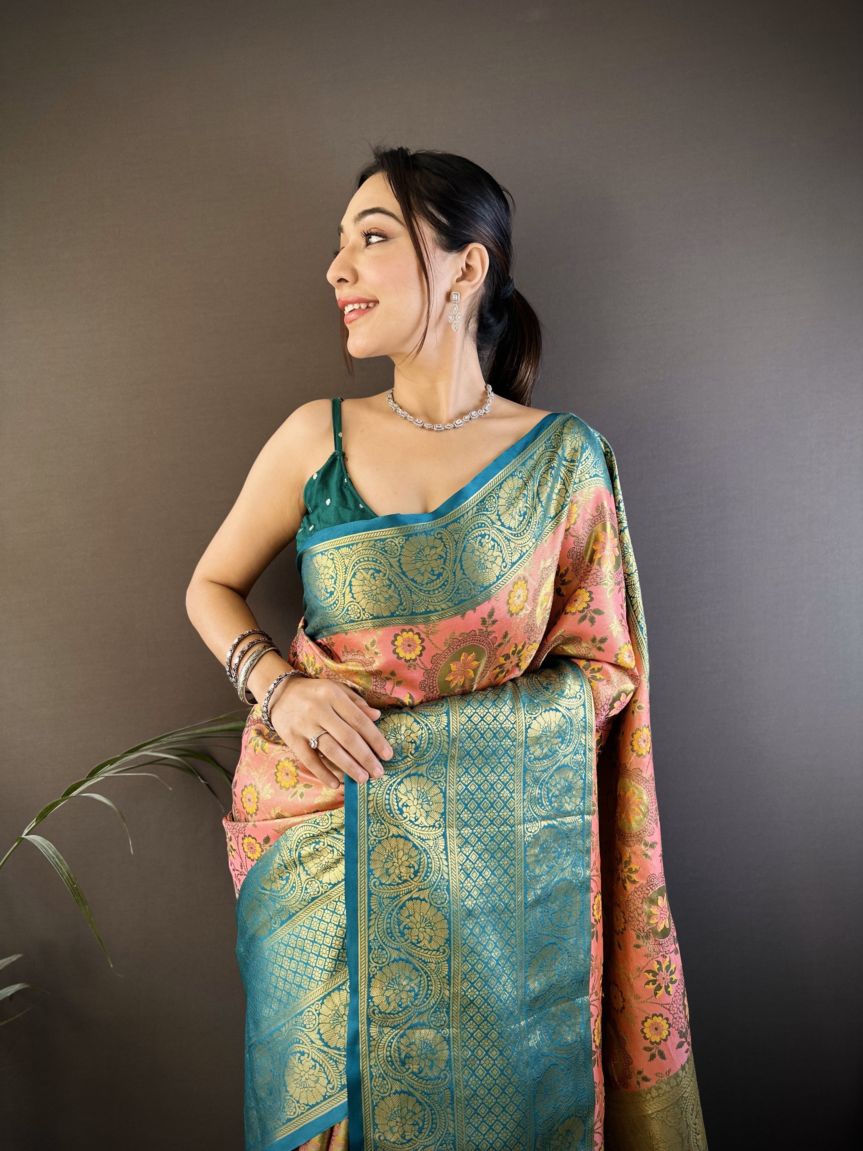 Pink & Teal Kanjivaram Tissue Silk Saree