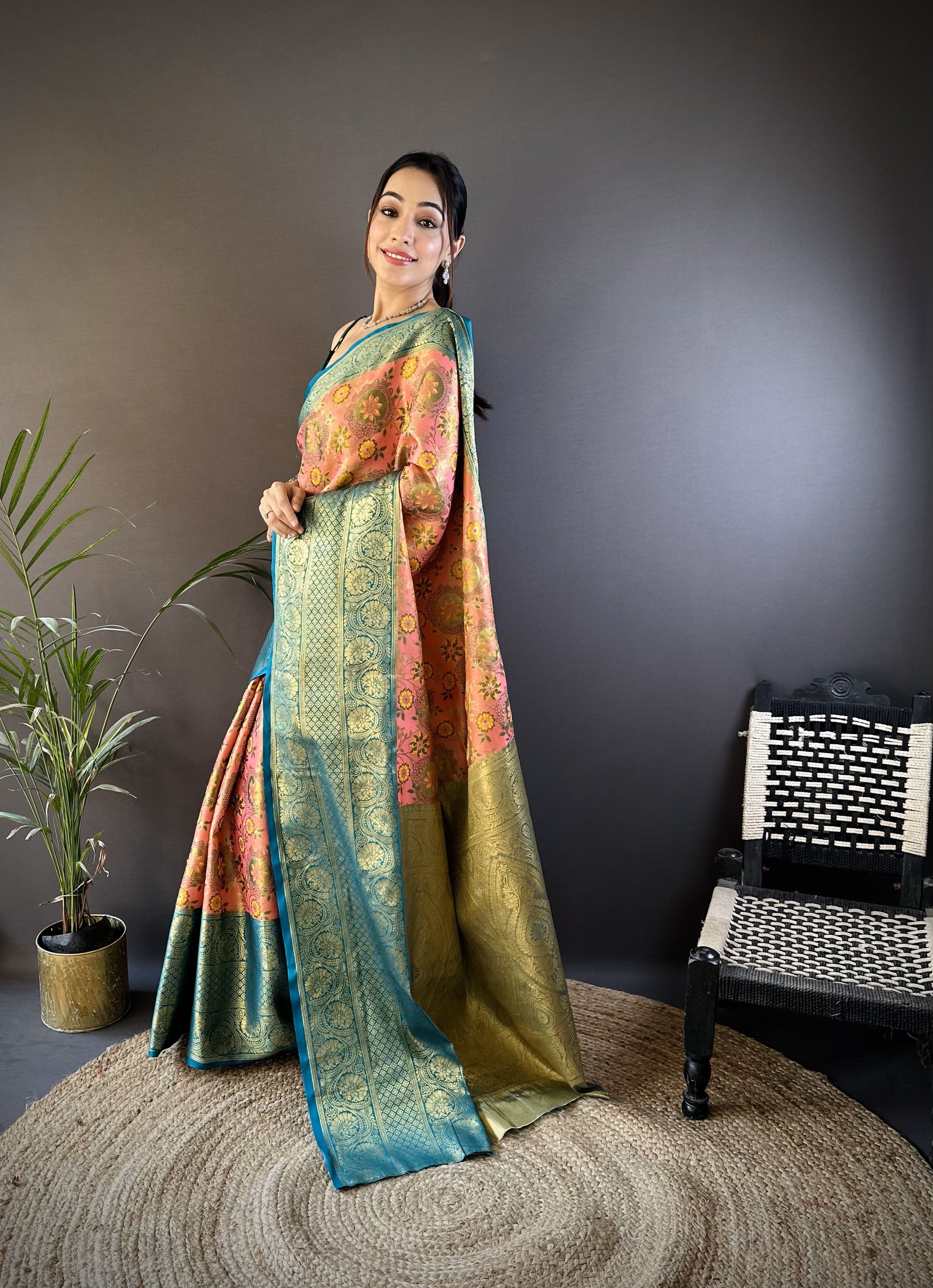 Pink & Teal Kanjivaram Tissue Silk Saree