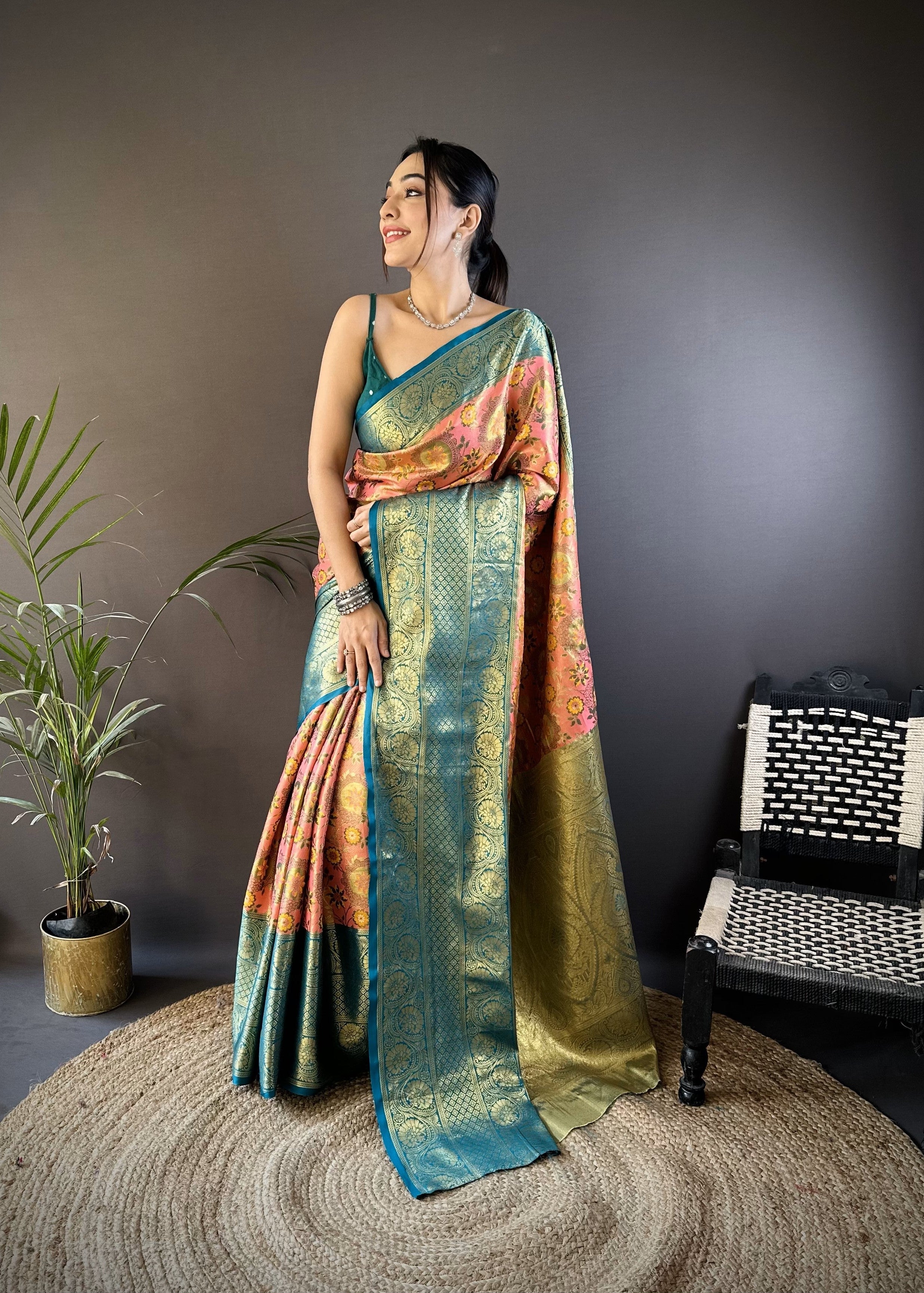 Pink & Teal Kanjivaram Tissue Silk Saree