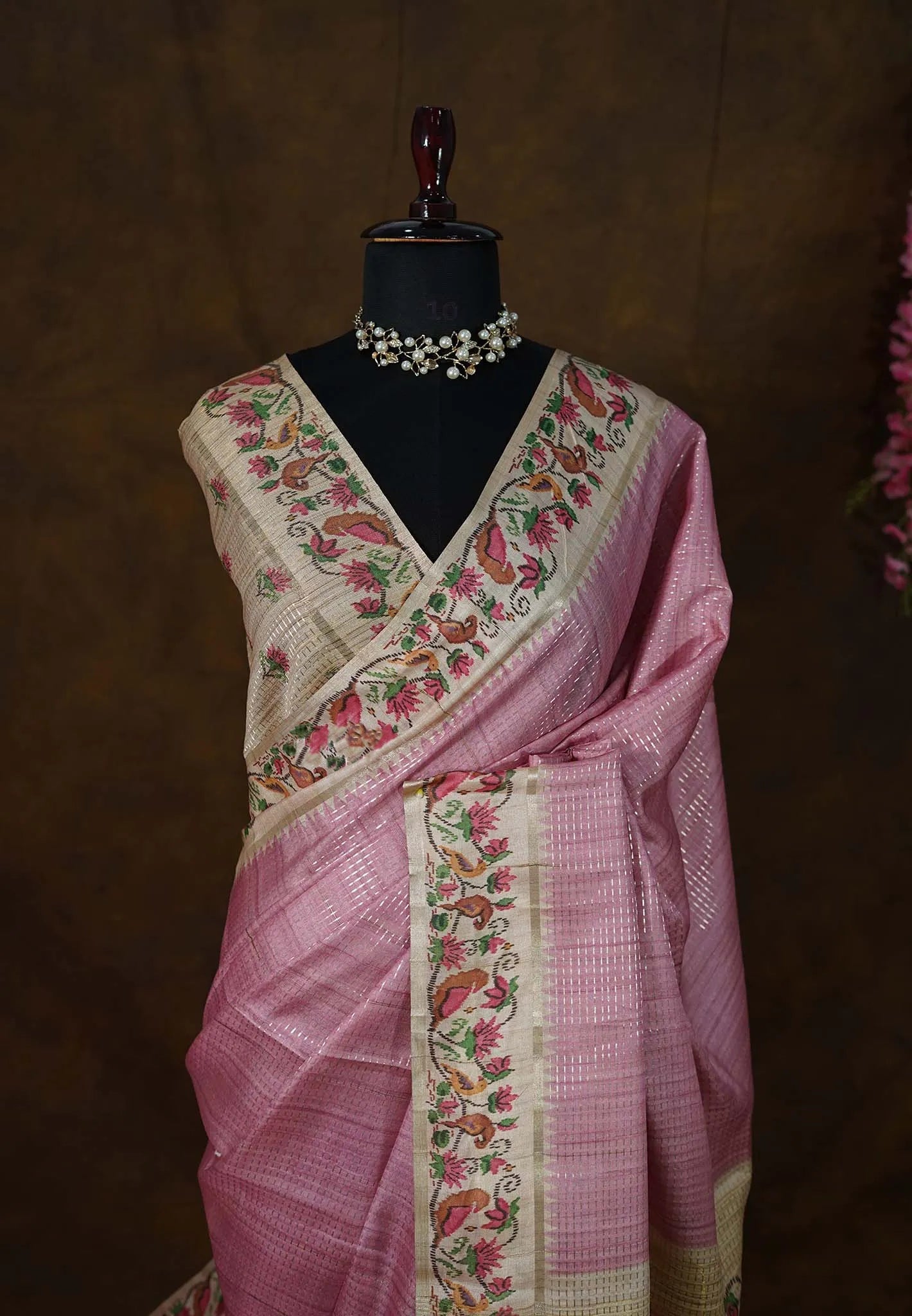 Pink Tussar Silk Saree