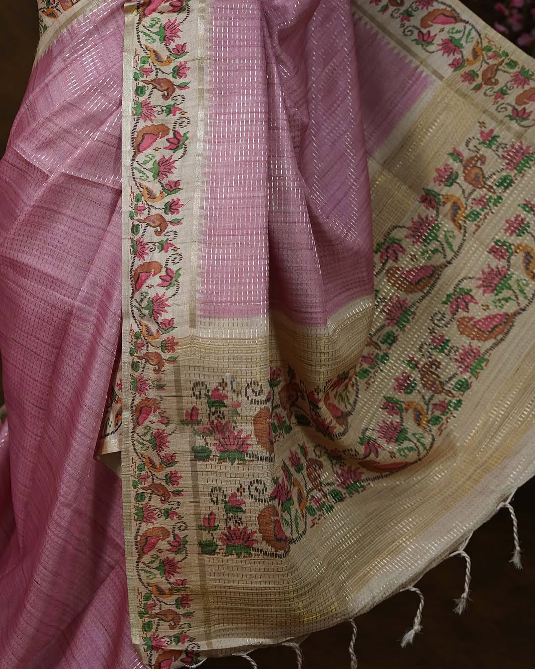 Pink Tussar Silk Saree