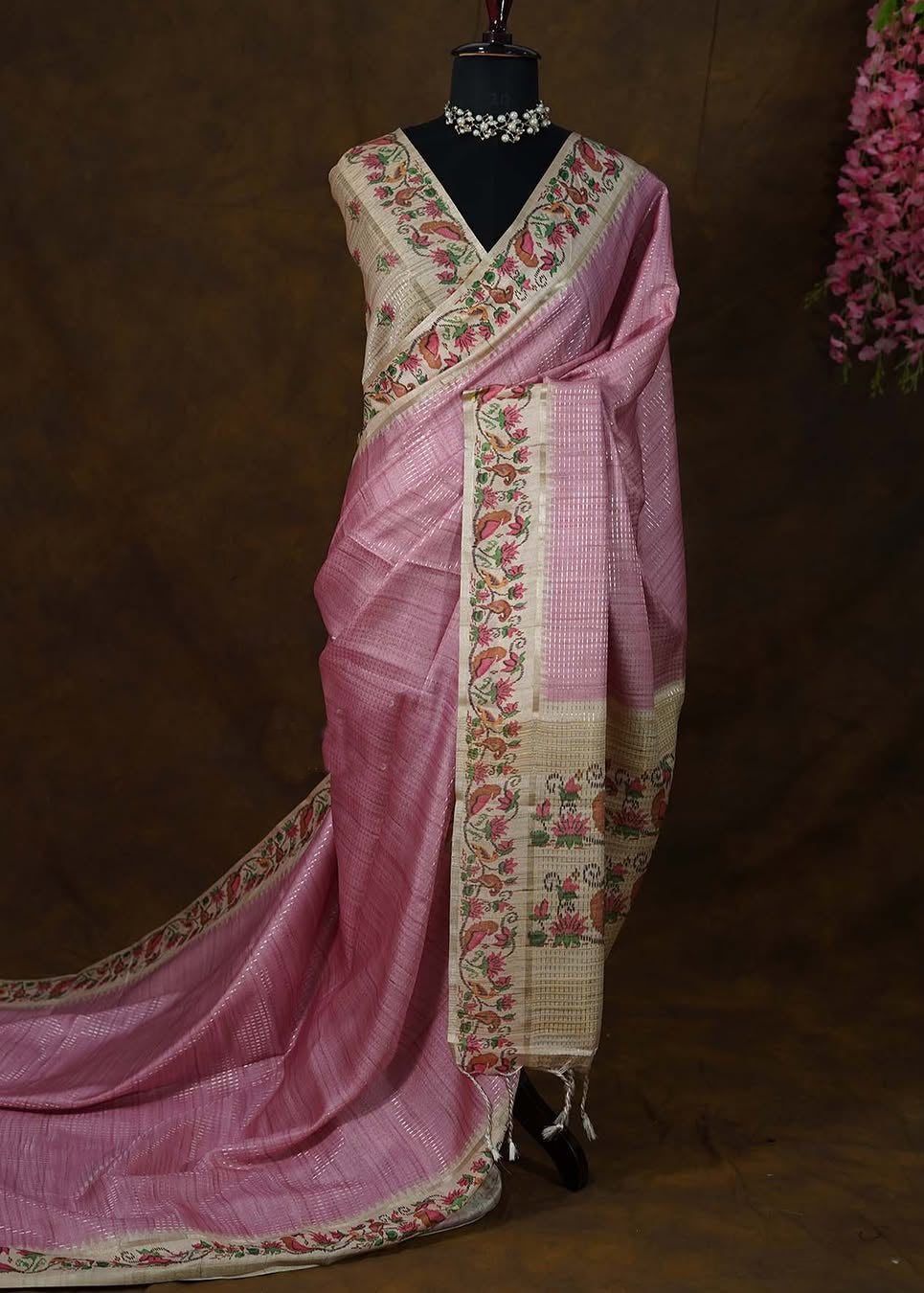 Pink Tussar Silk Saree