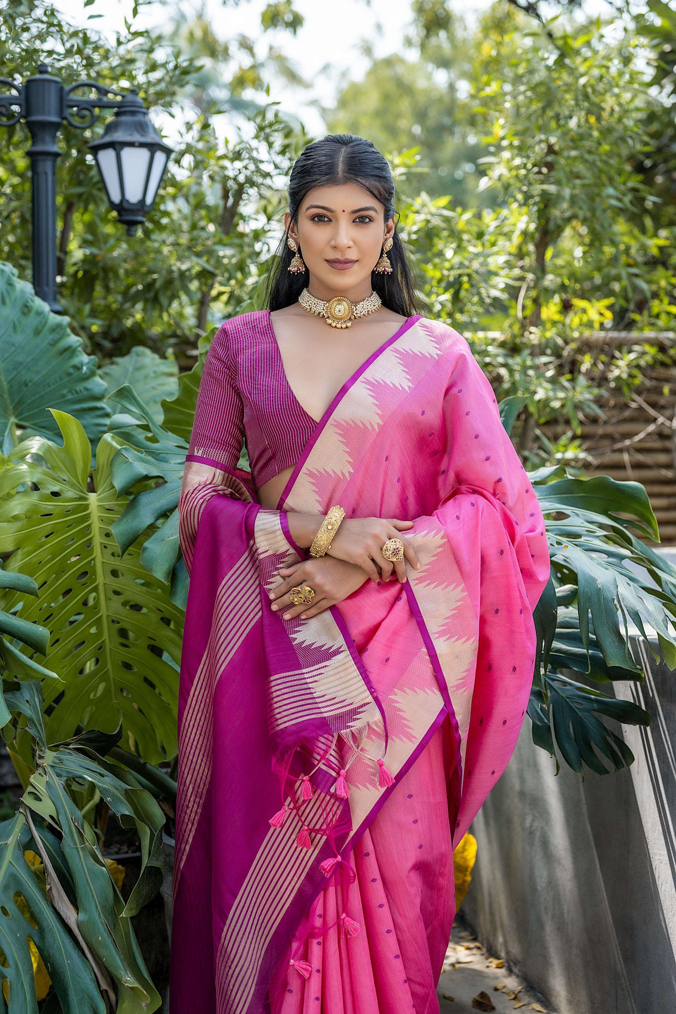 Pink Tussar Silk Saree