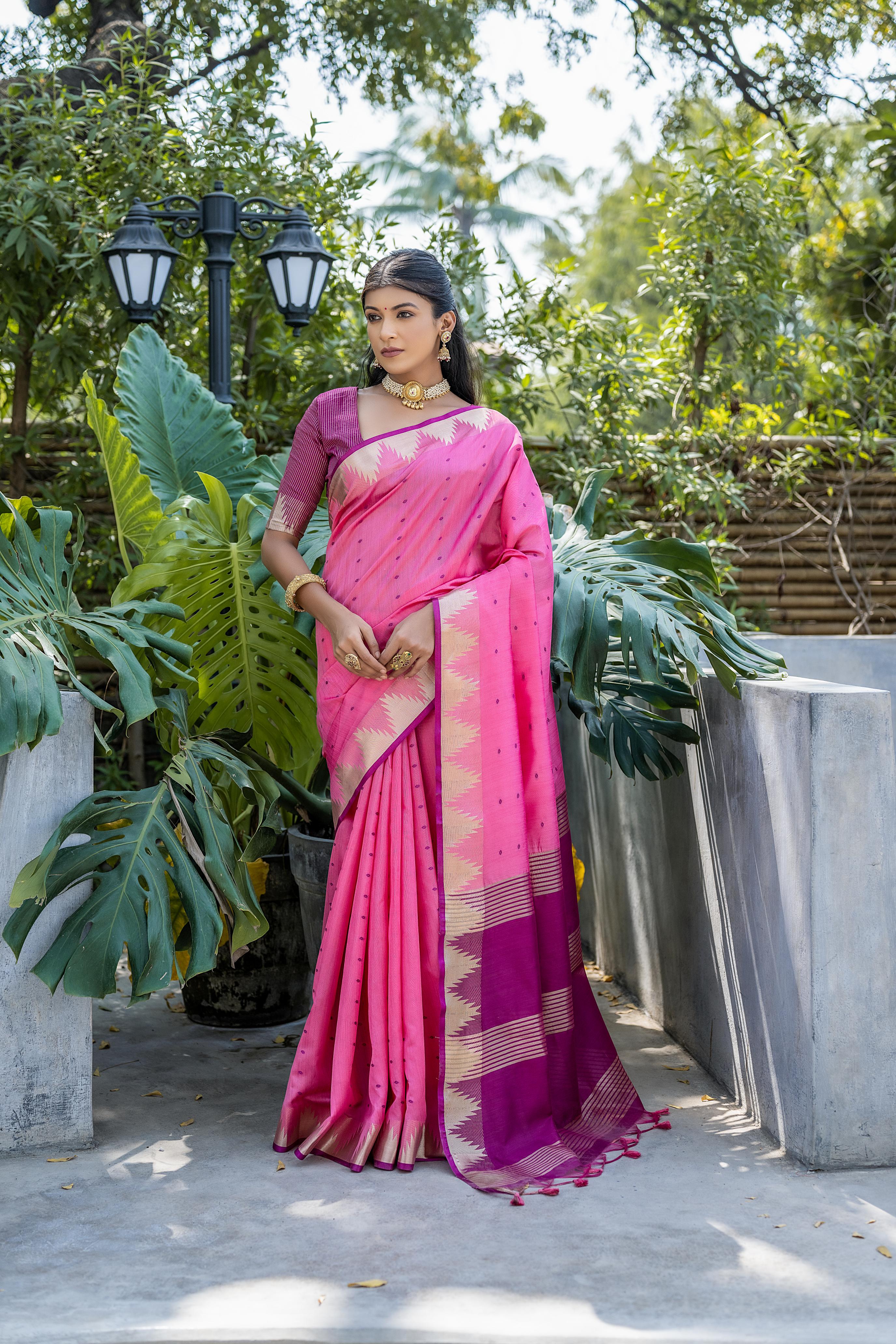 Pink Tussar Silk Saree