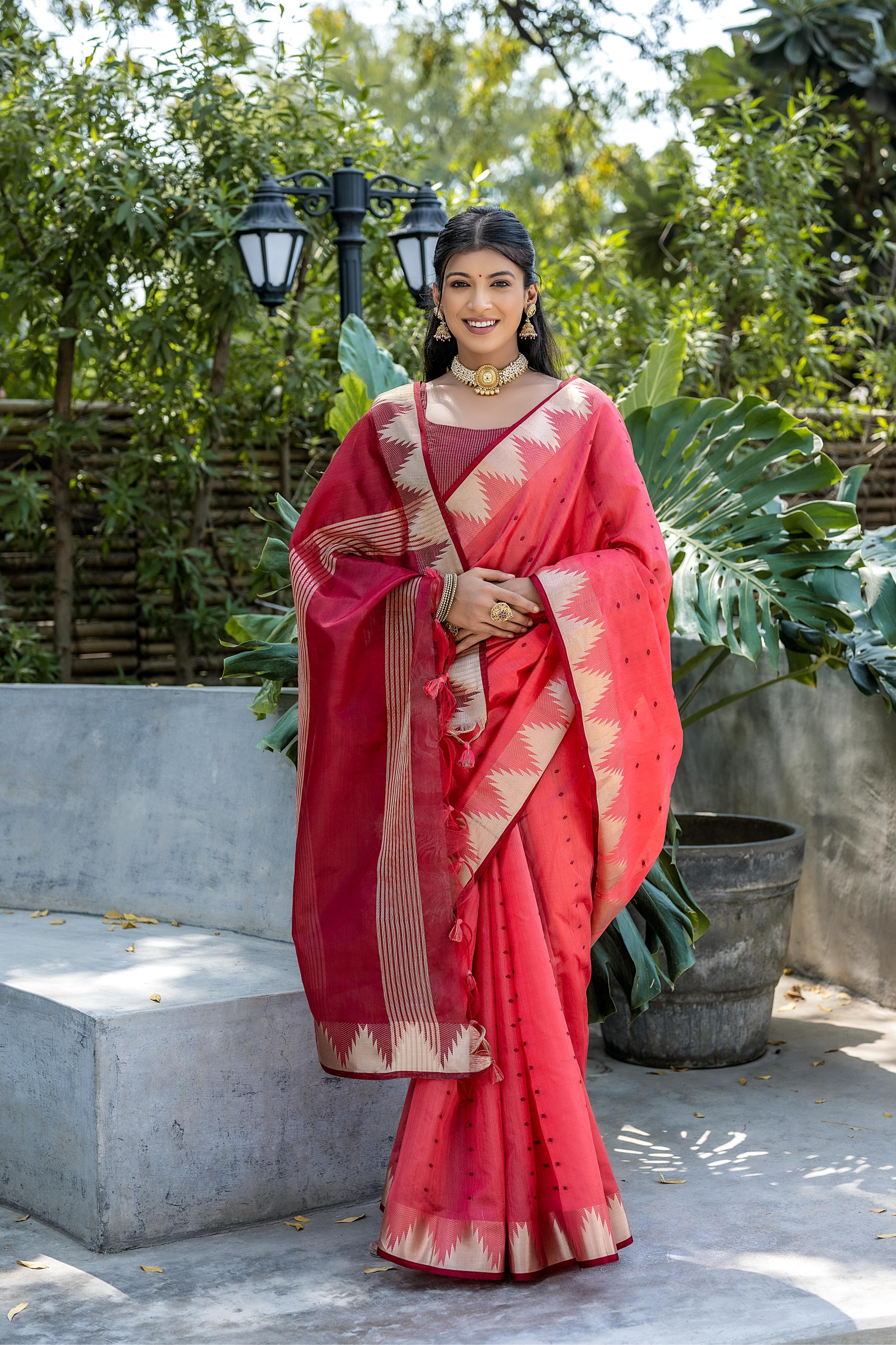 Pinkish Red Tussar Silk Saree