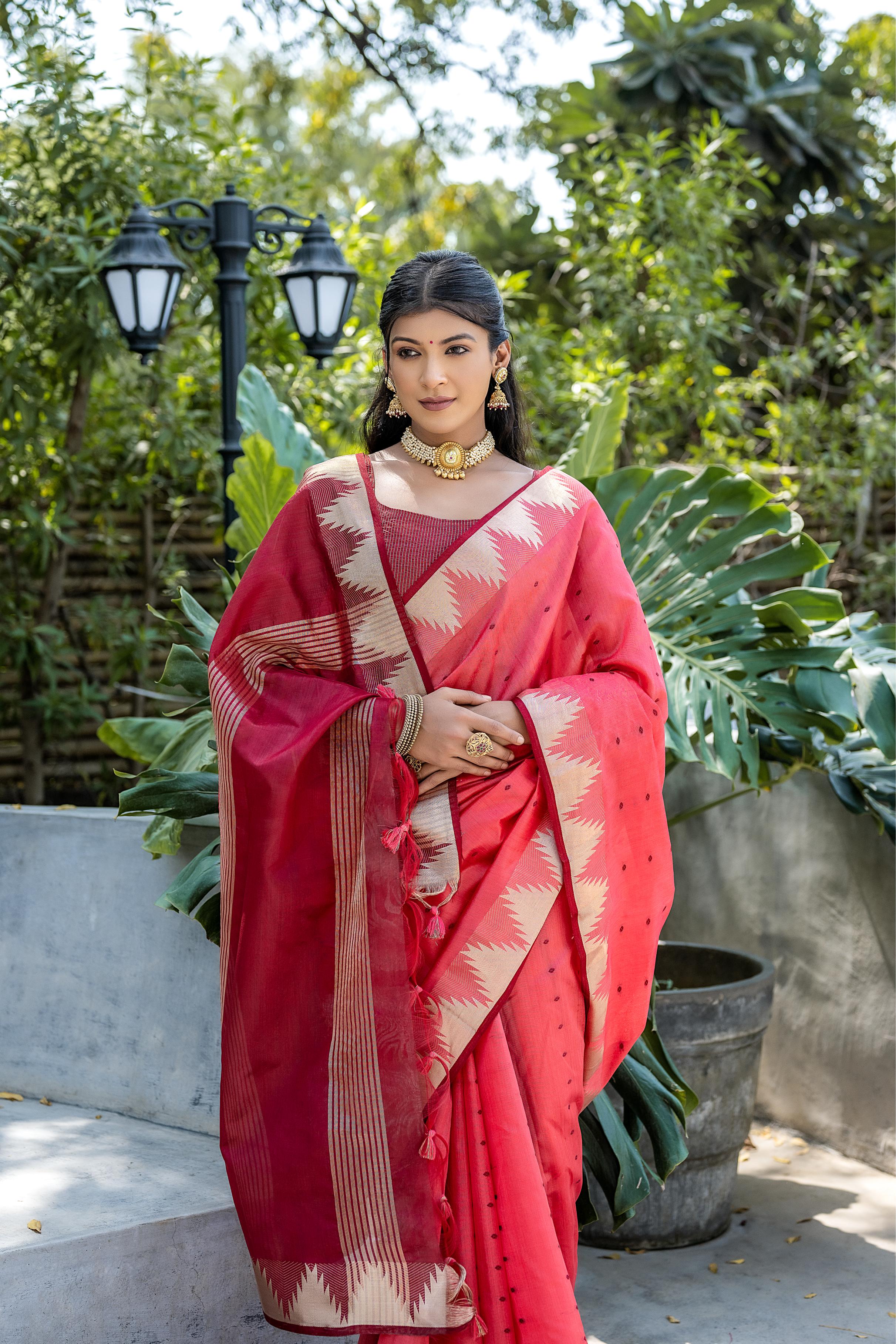 Pinkish Red Tussar Silk Saree
