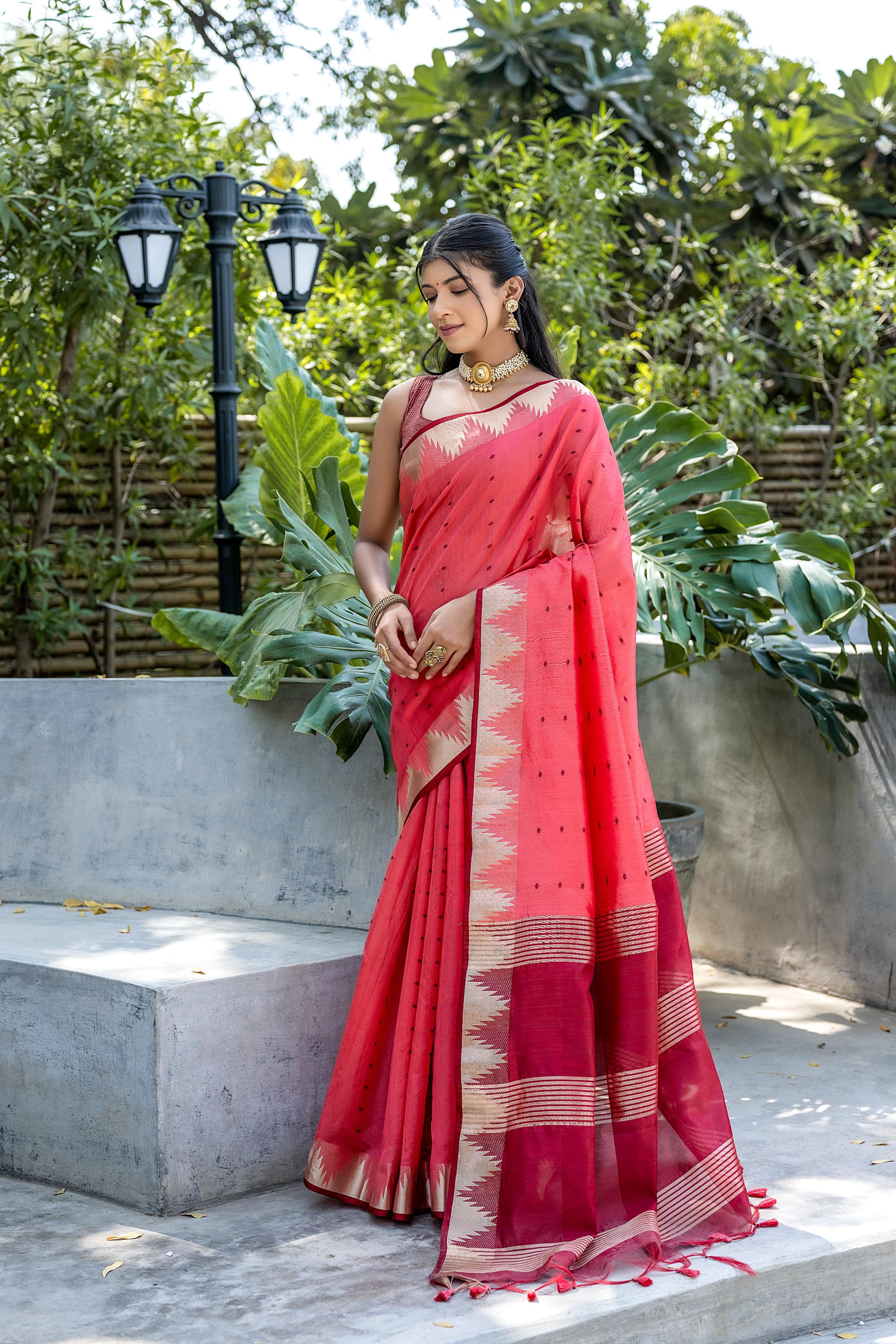 Pinkish Red Tussar Silk Saree