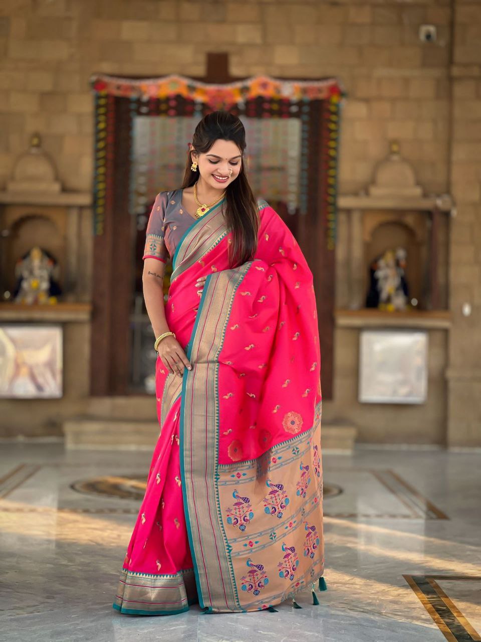 Pinkish Red Wedding Wear Soft Paithani Silk Saree