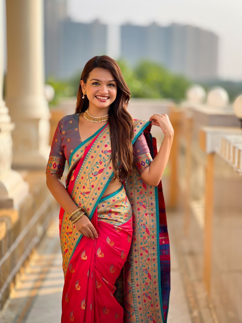 Pinkish Red Wedding Wear Soft Paithani Silk Saree