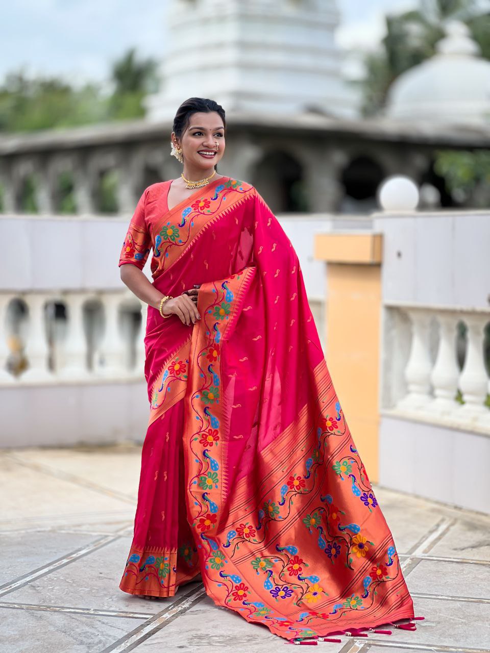 Pinkish Red Wedding Wear Soft Paithani Silk Saree