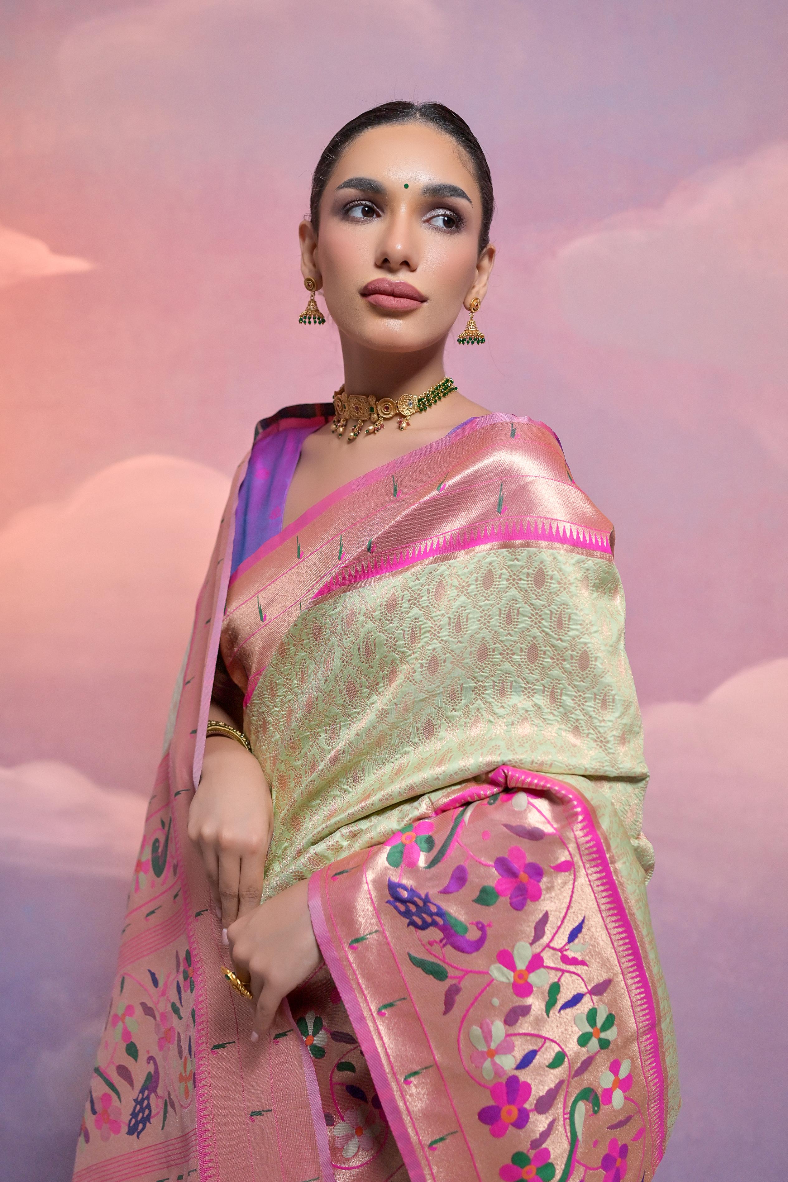 Pista Banarasi Silk Paithani Saree