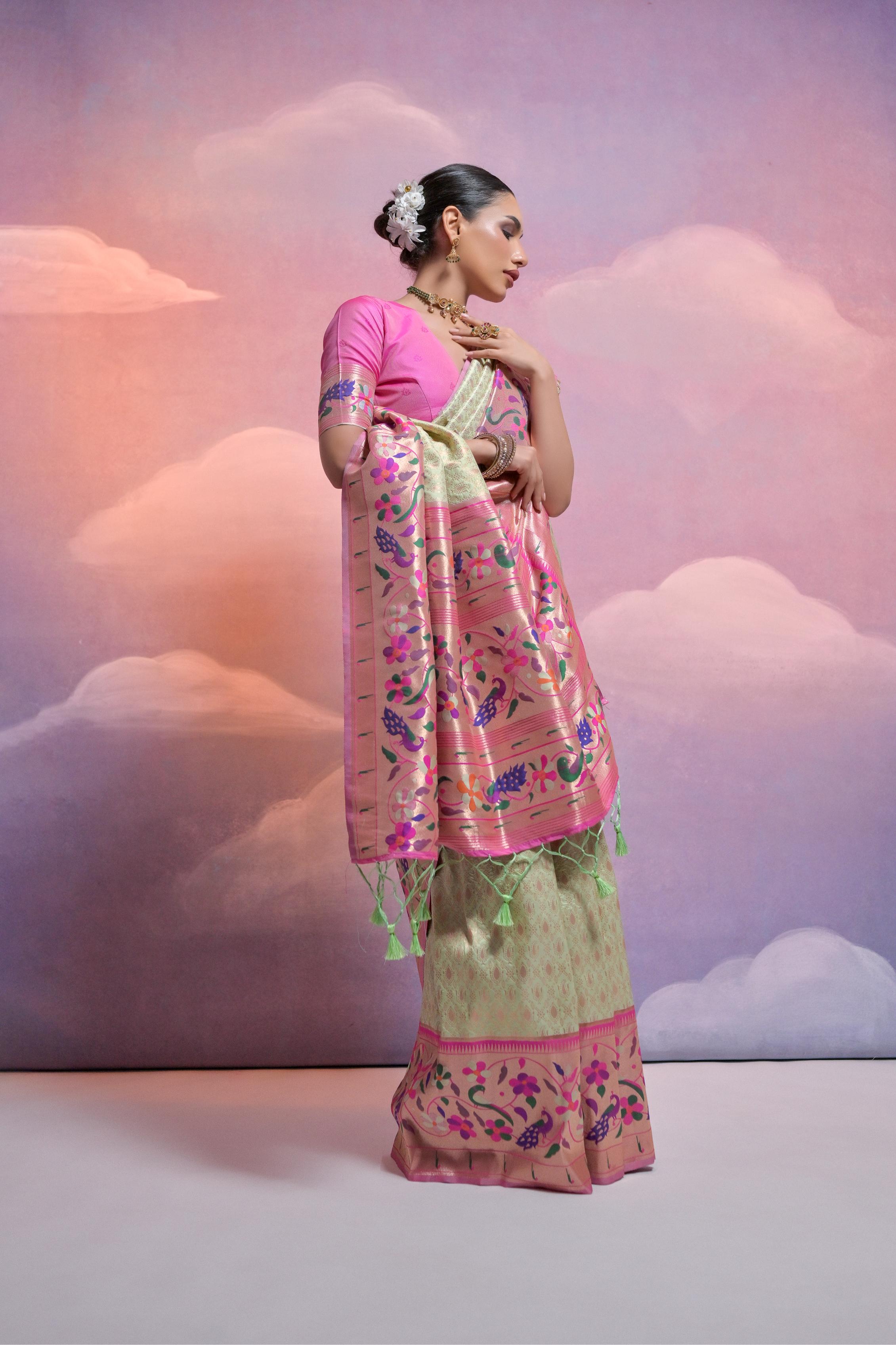 Pista Banarasi Silk Paithani Saree
