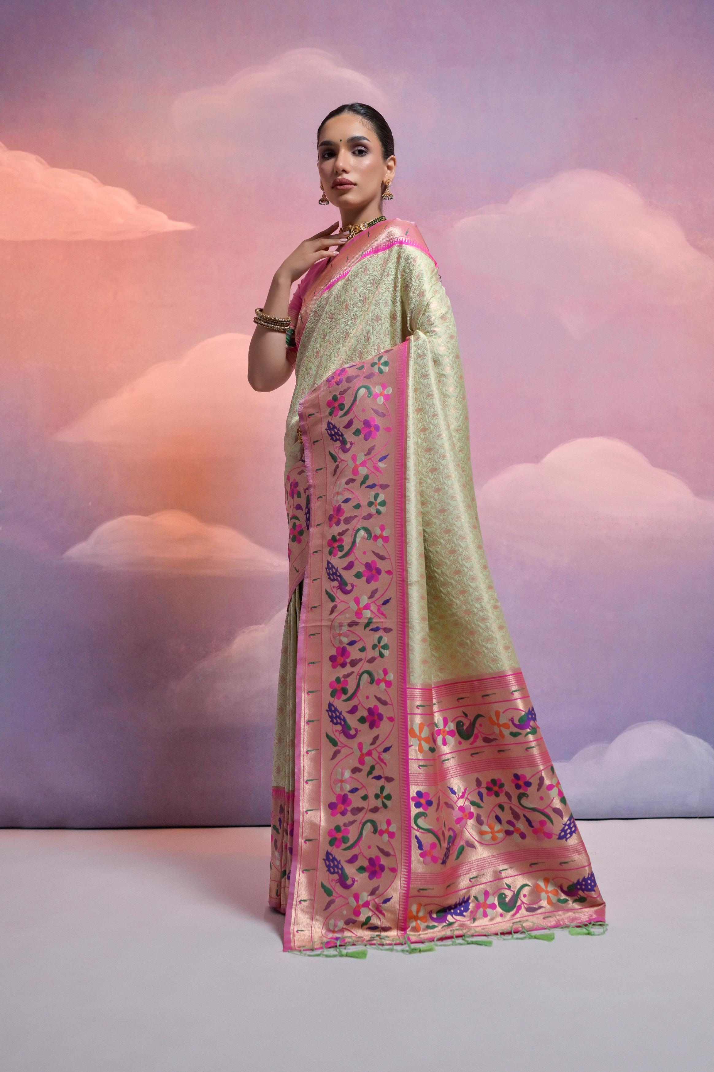Pista Banarasi Silk Paithani Saree