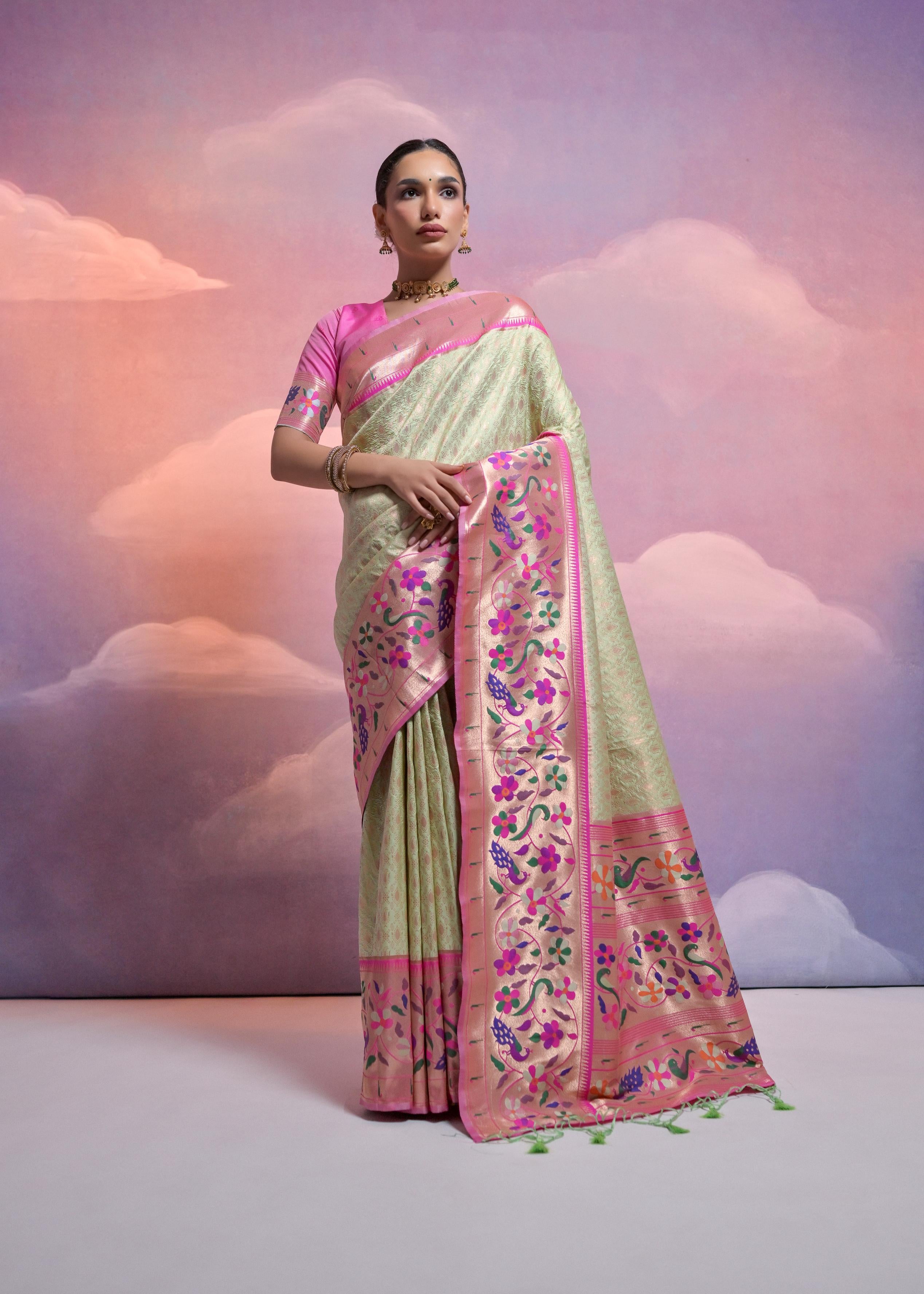 Pista Banarasi Silk Paithani Saree