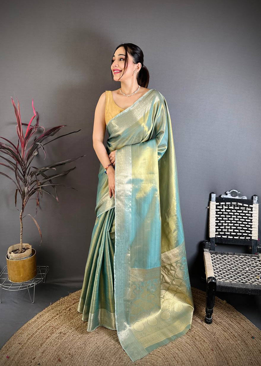 Pista Banarasi Soft Tissue Silk Saree