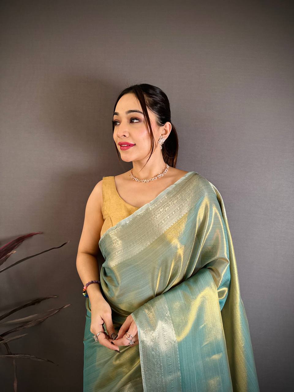 Pista Banarasi Soft Tissue Silk Saree