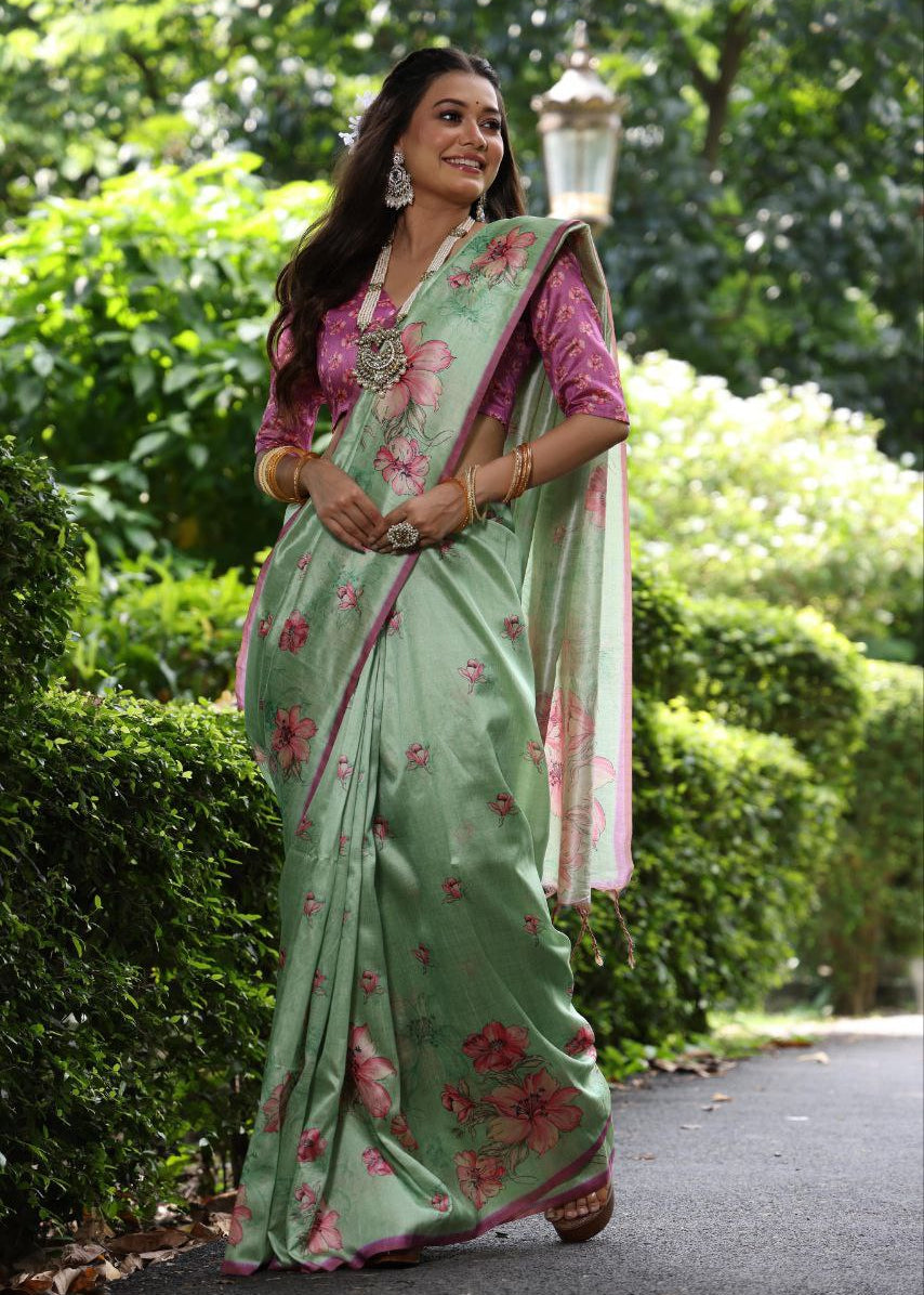 Pista Floral Printed Soft Tussar Silk Saree