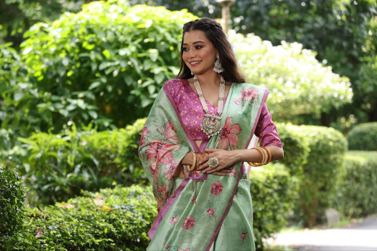 Pista Floral Printed Soft Tussar Silk Saree