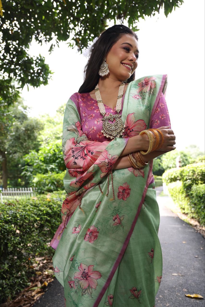 Pista Floral Printed Soft Tussar Silk Saree