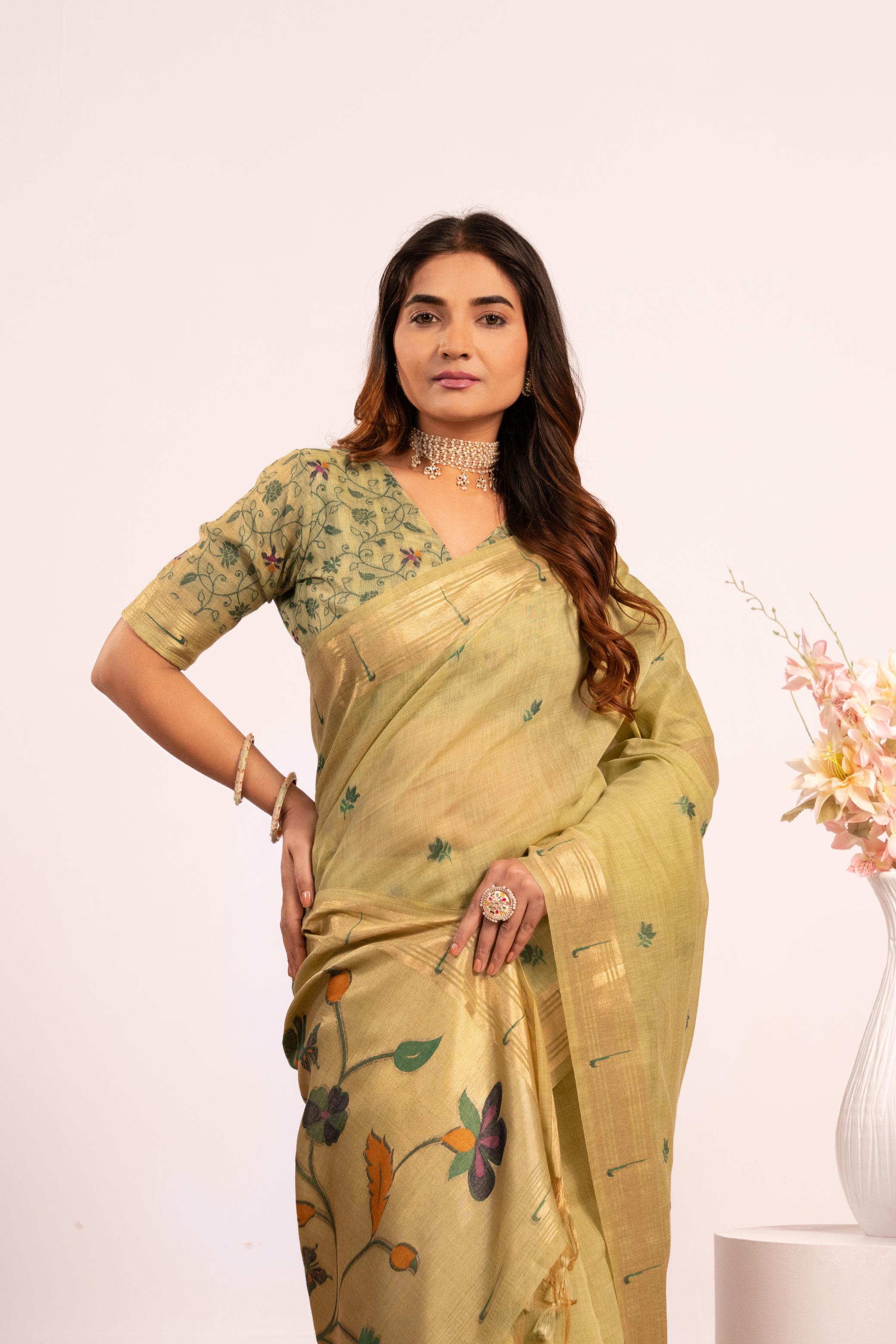 Pista Muga Cotton Paithani Saree