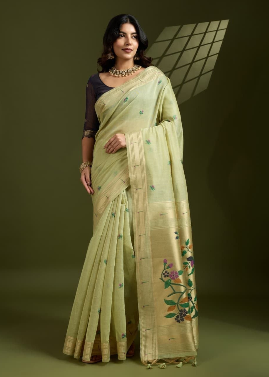 Pista Muga Cotton Paithani Saree