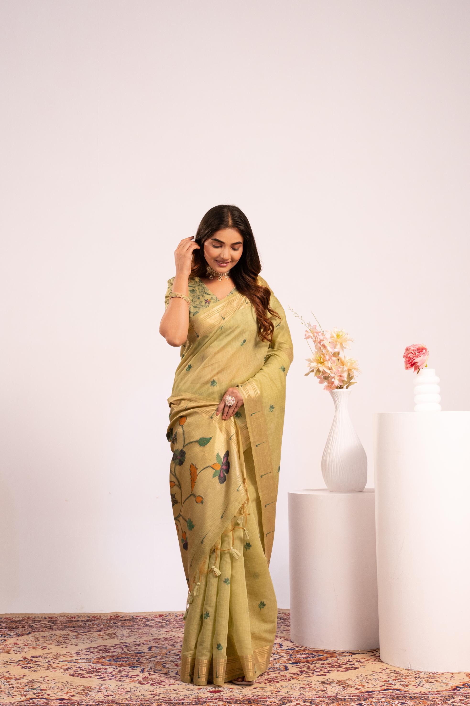 Pista Muga Cotton Paithani Saree