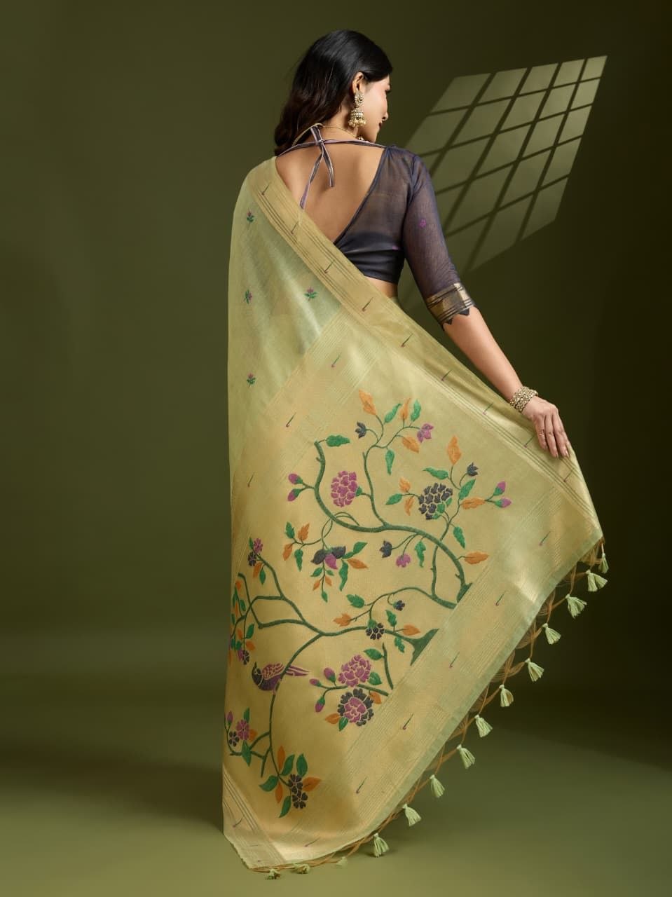 Pista Muga Cotton Paithani Saree