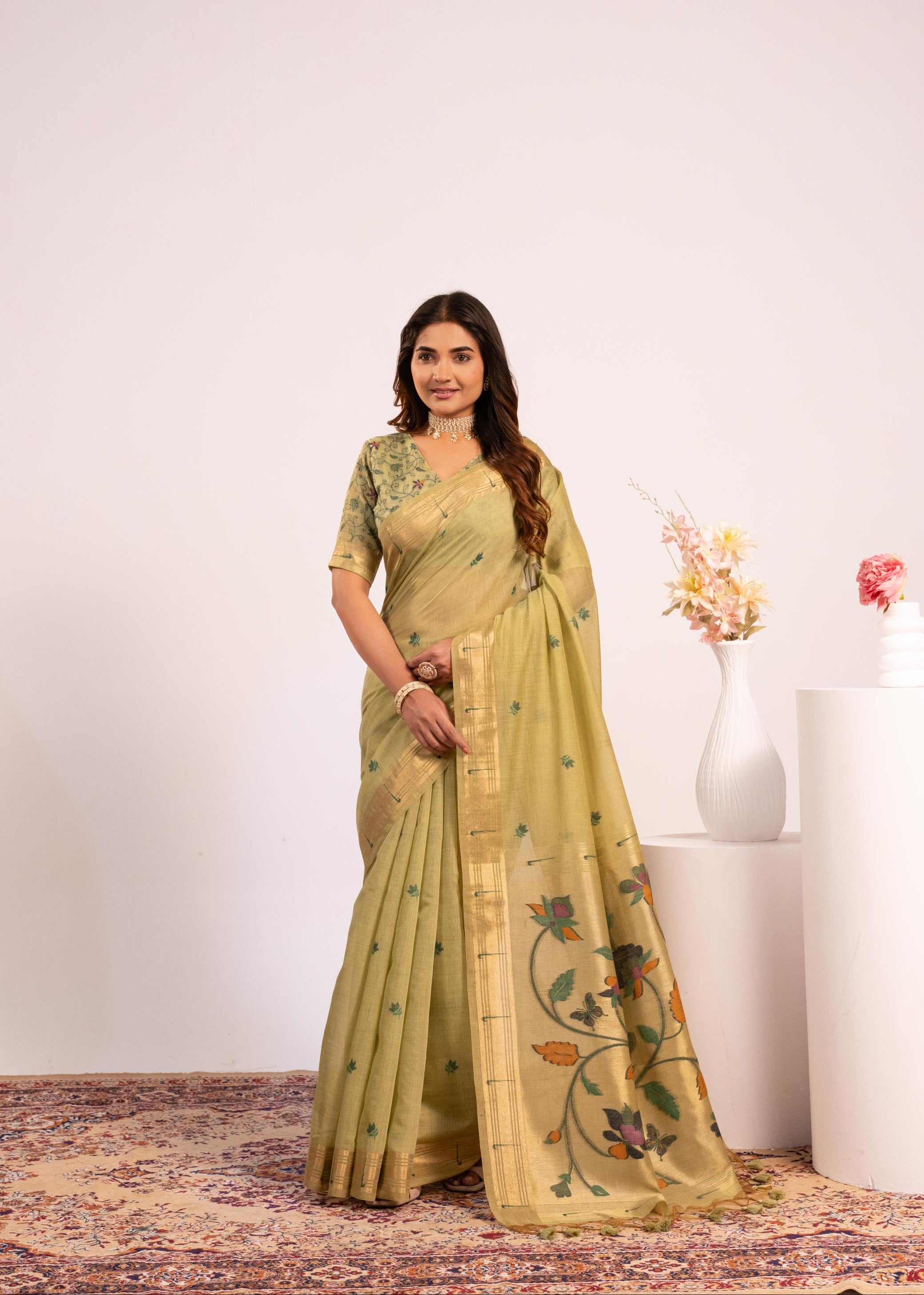 Pista Muga Cotton Paithani Saree