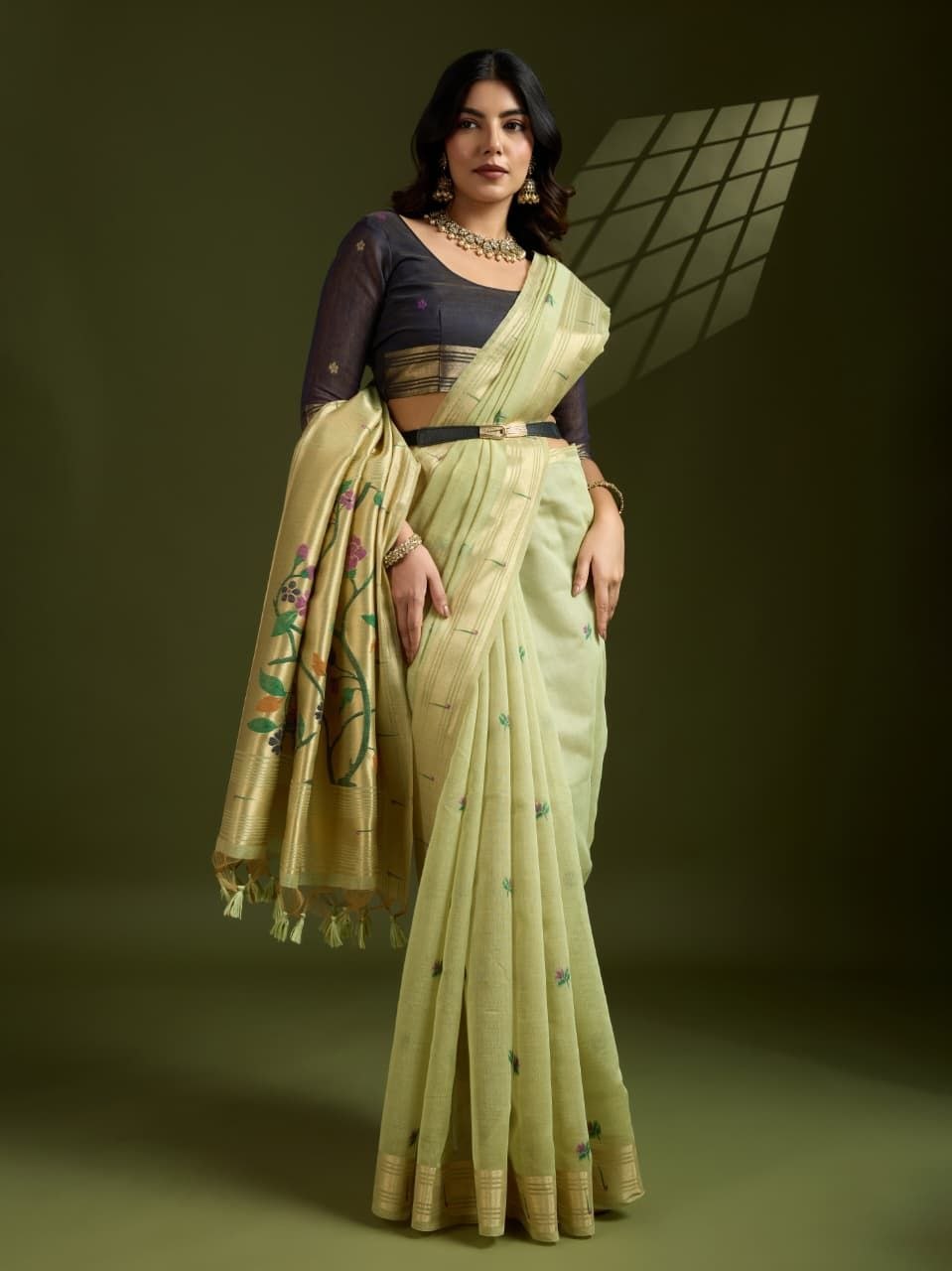 Pista Muga Cotton Paithani Saree
