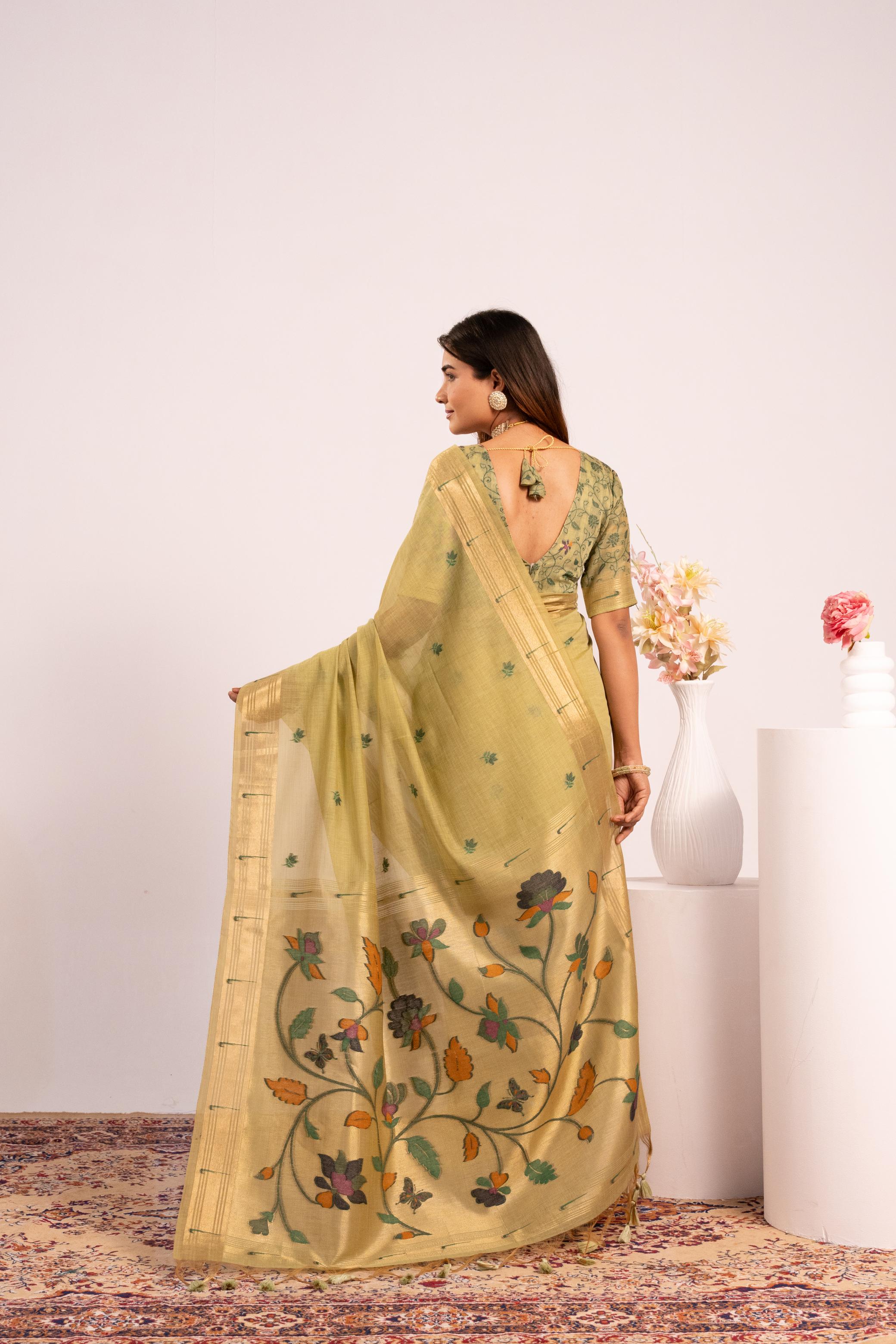 Pista Muga Cotton Paithani Saree