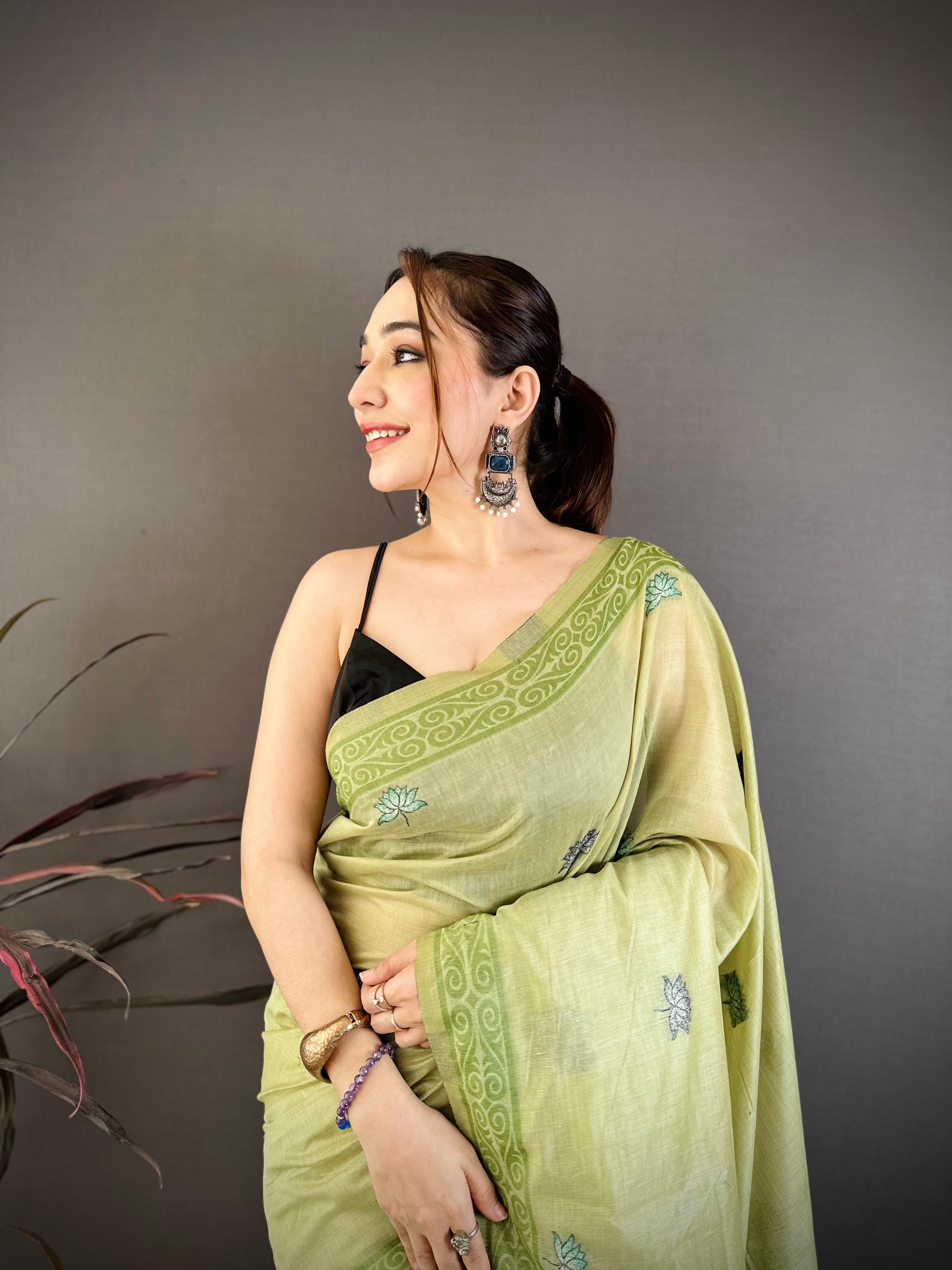 Pista Nature Inspired Muga Cotton Saree