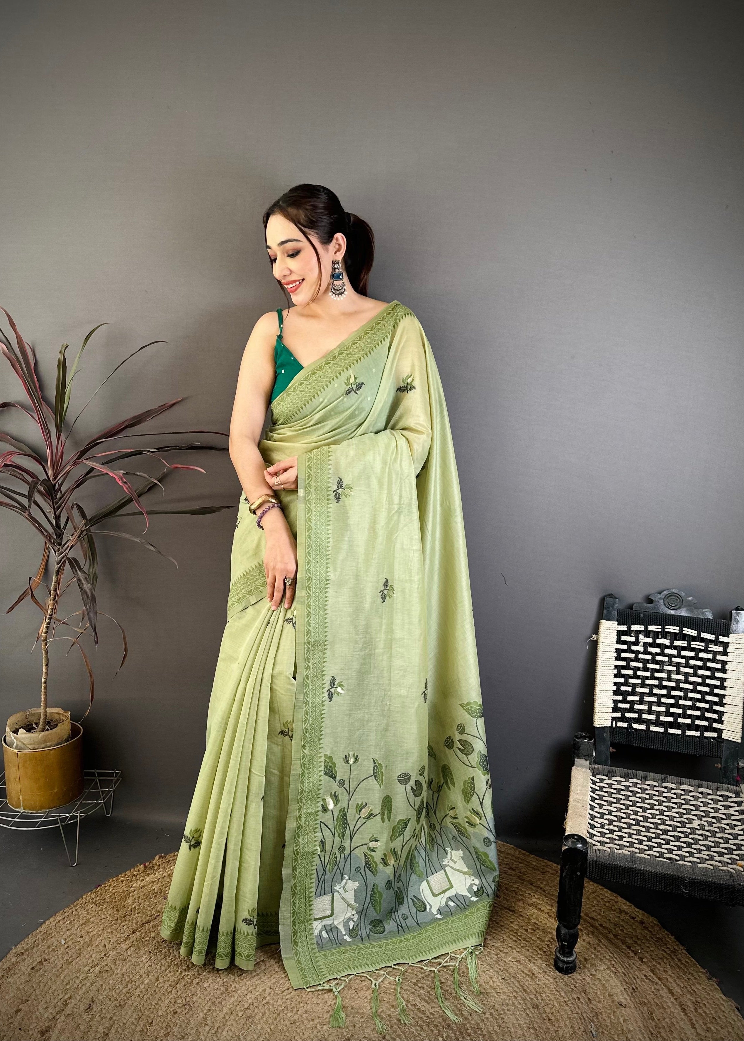 Pista Nature Inspired Muga Cotton Saree