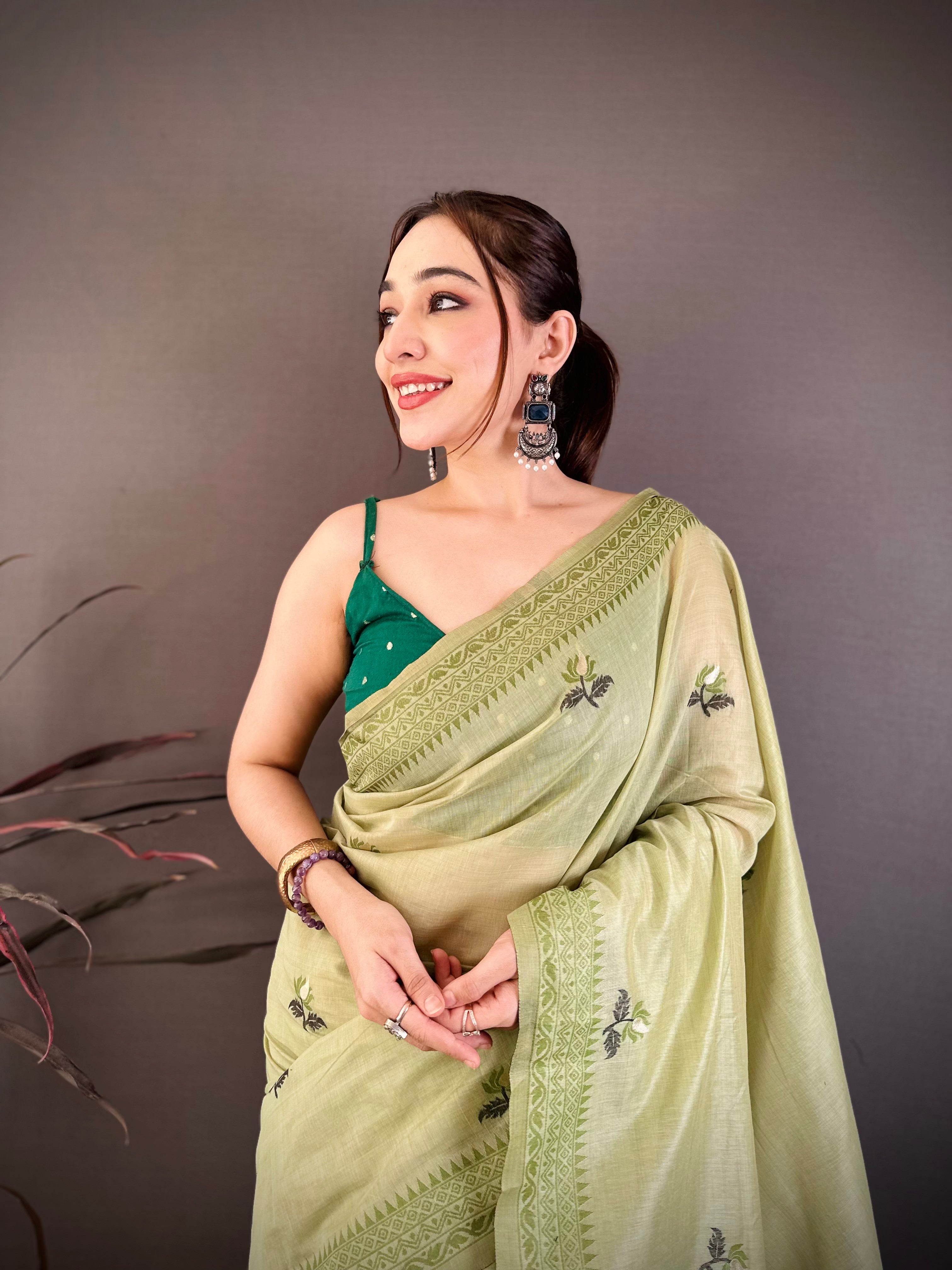 Pista Nature Inspired Muga Cotton Saree
