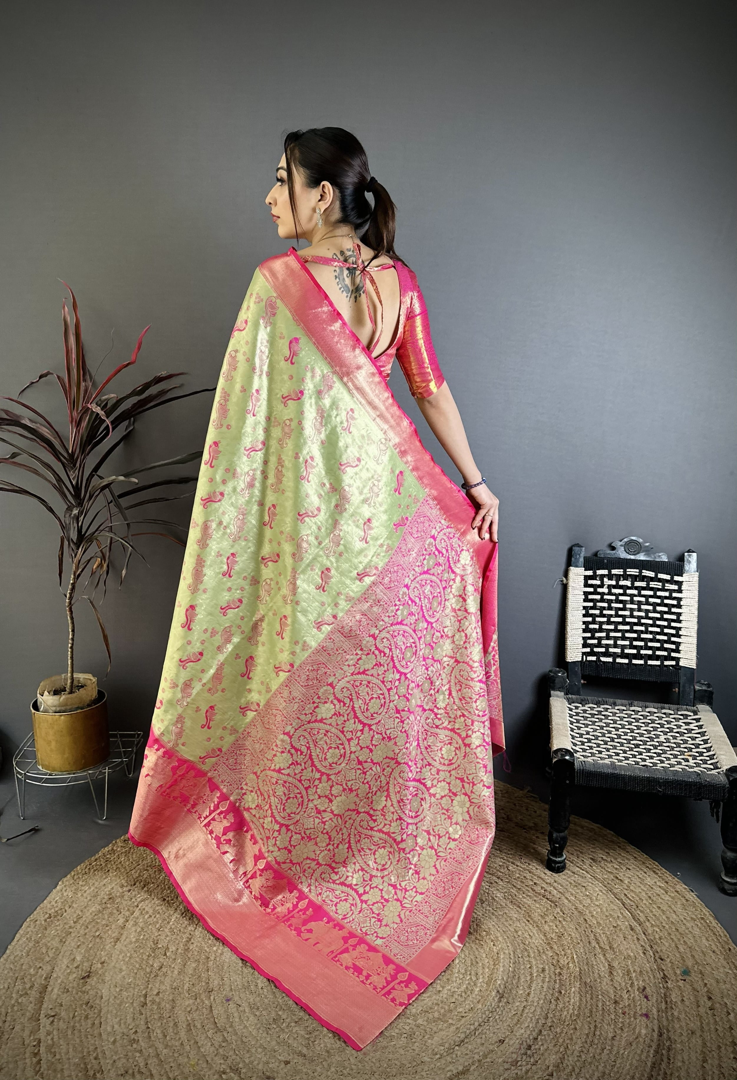 Pista & Pink Peacock Kanjivaram Silk Saree