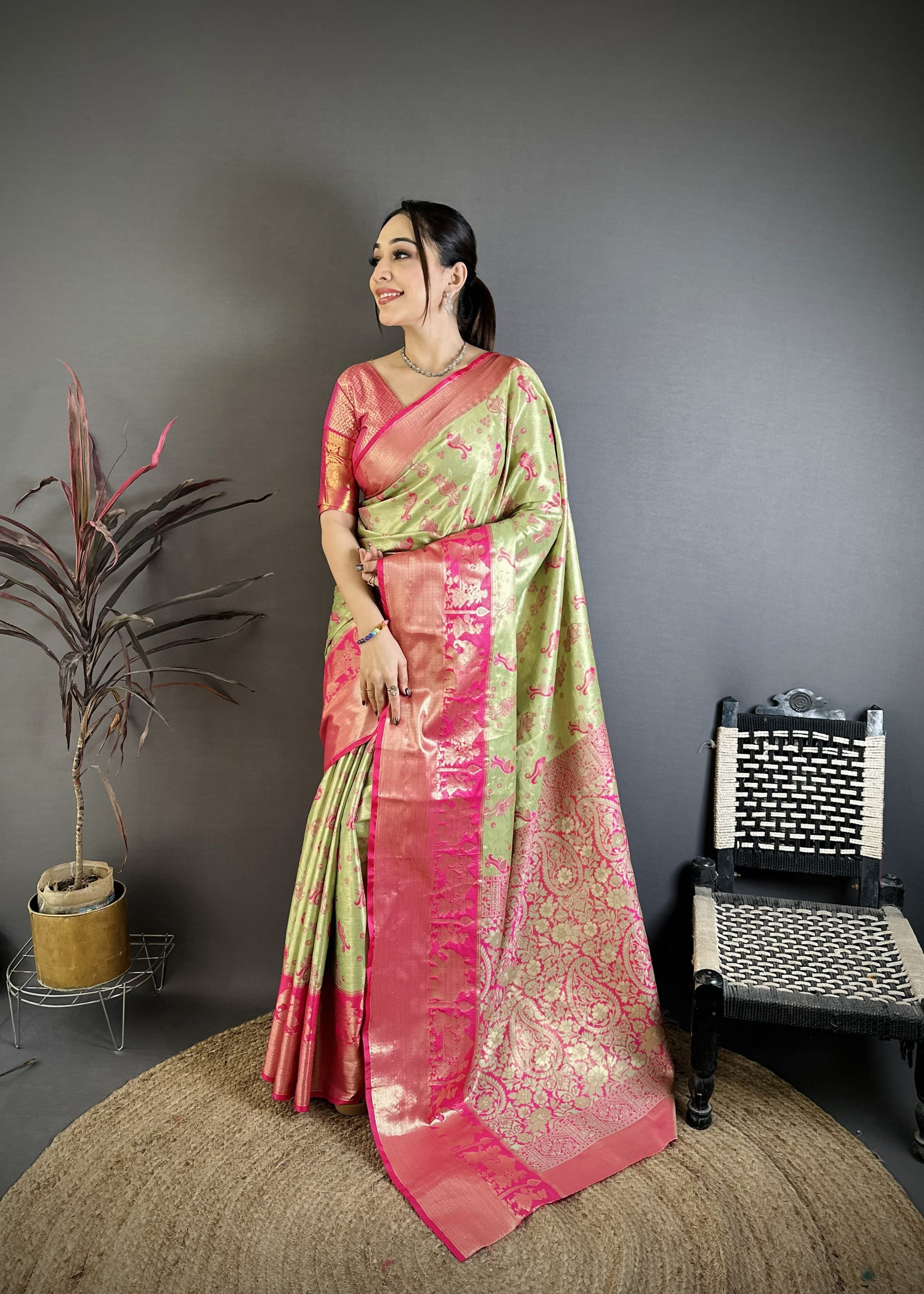 Pista & Pink Peacock Kanjivaram Silk Saree