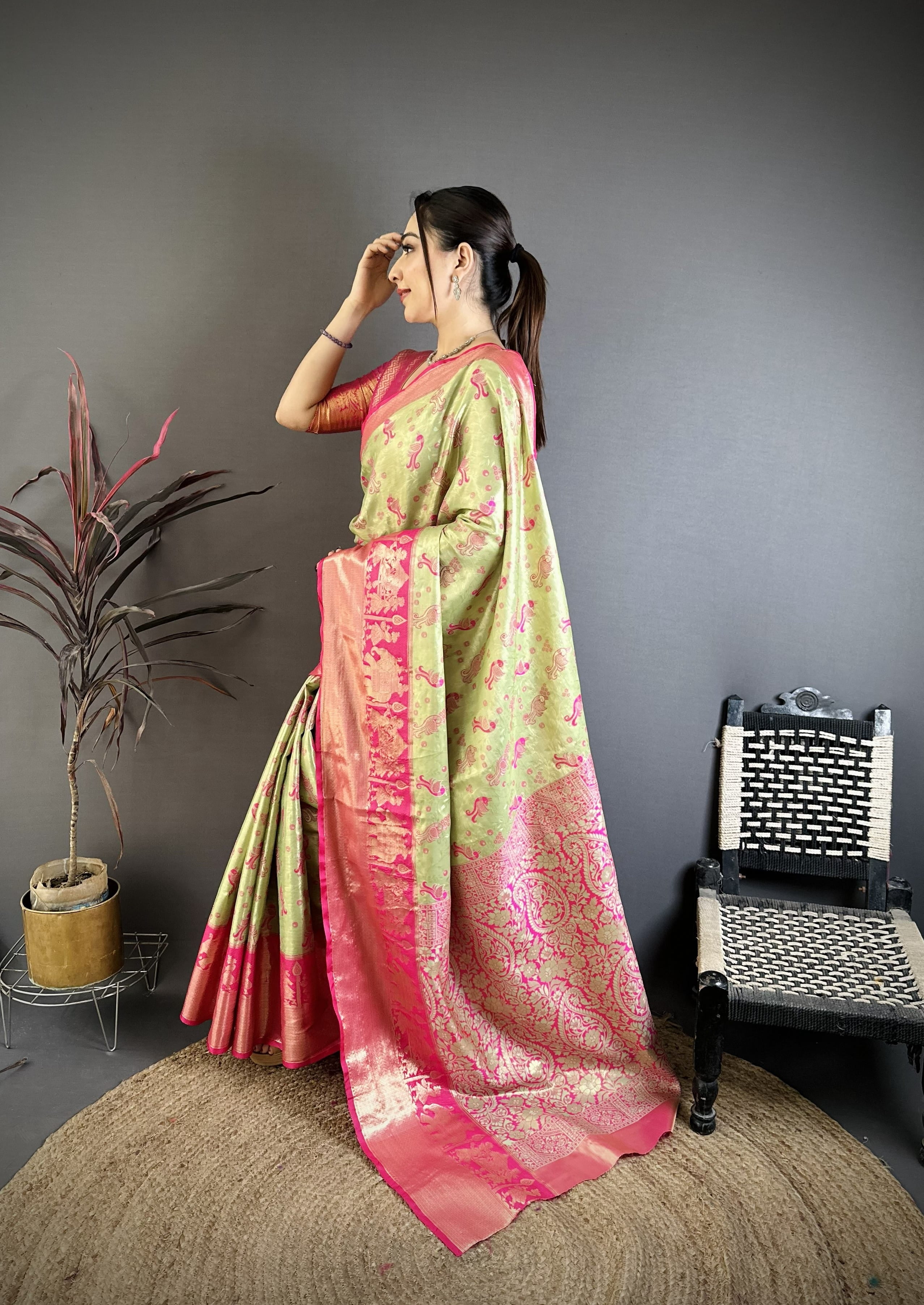 Pista & Pink Peacock Kanjivaram Silk Saree