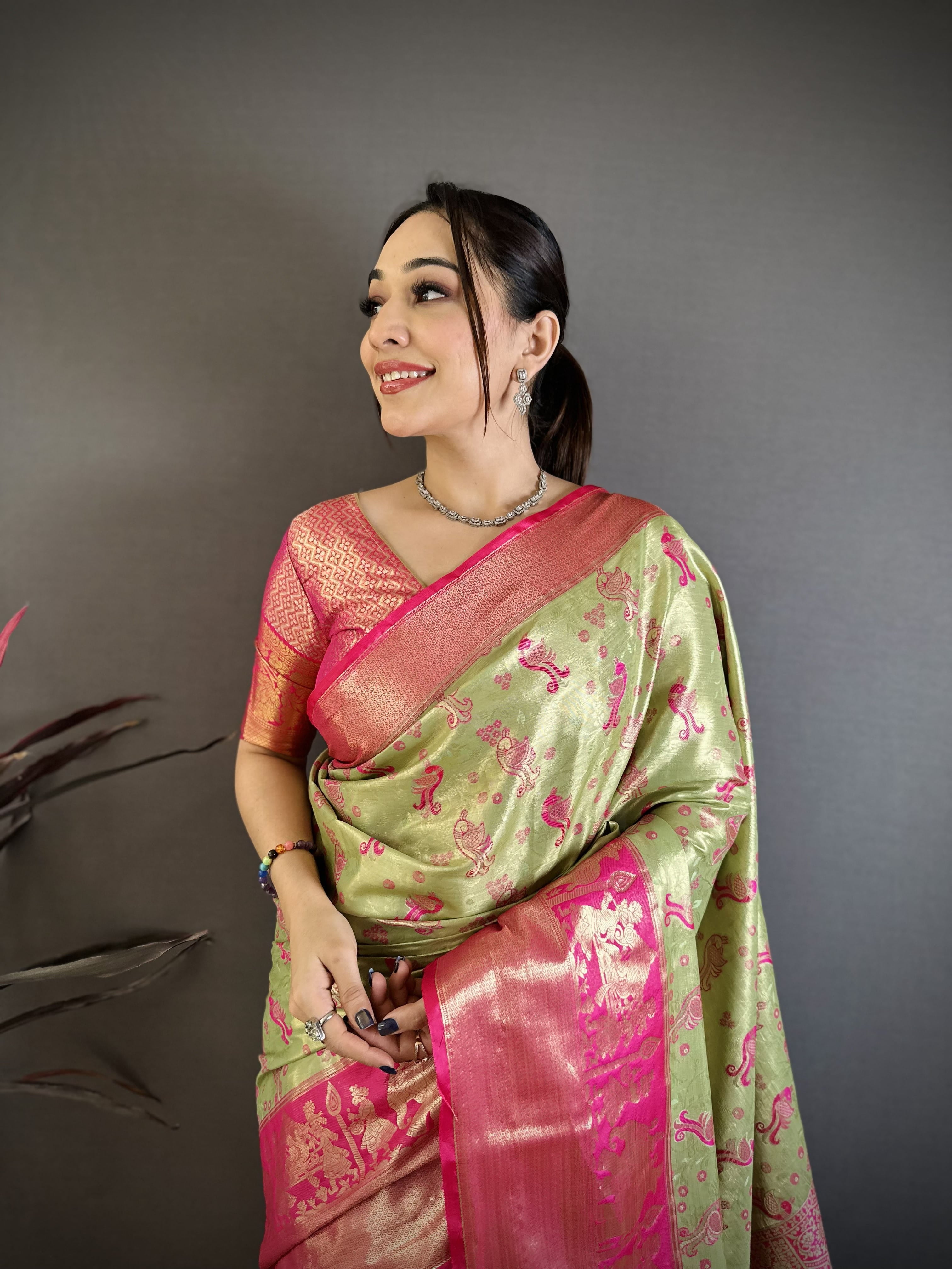 Pista & Pink Peacock Kanjivaram Silk Saree