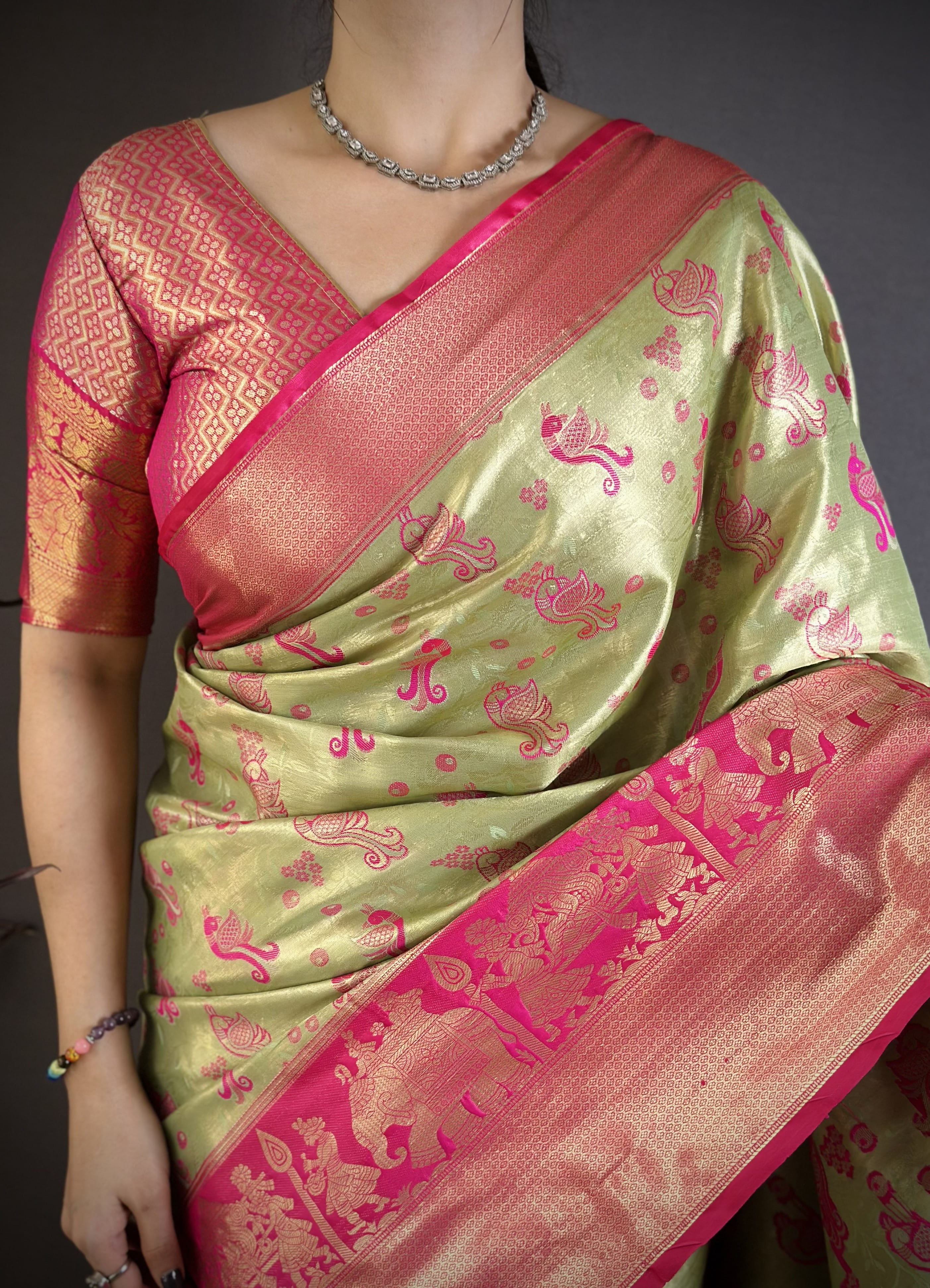 Pista & Pink Peacock Kanjivaram Silk Saree