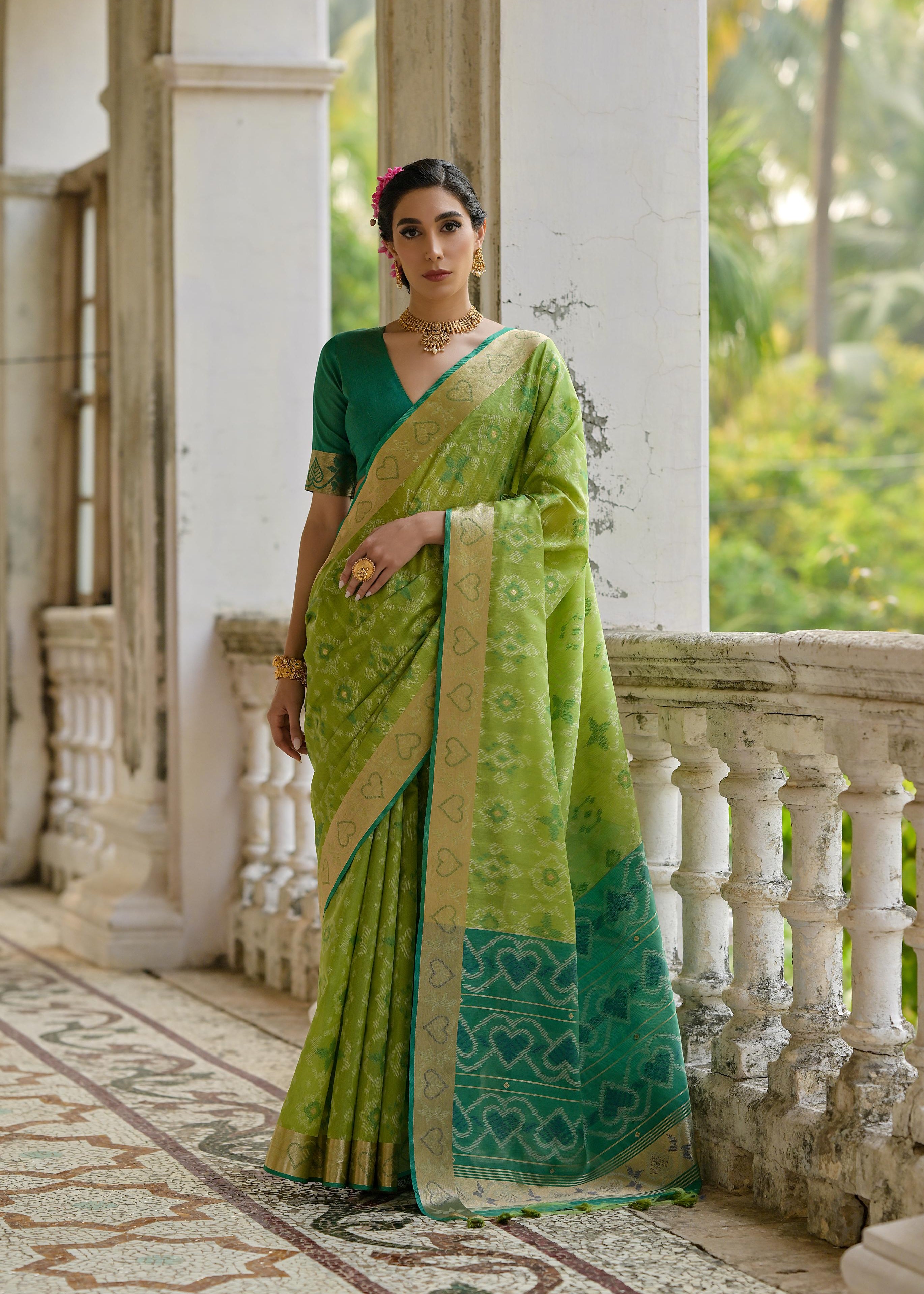 Pista Pochampali Ikkat Raw Silk Saree