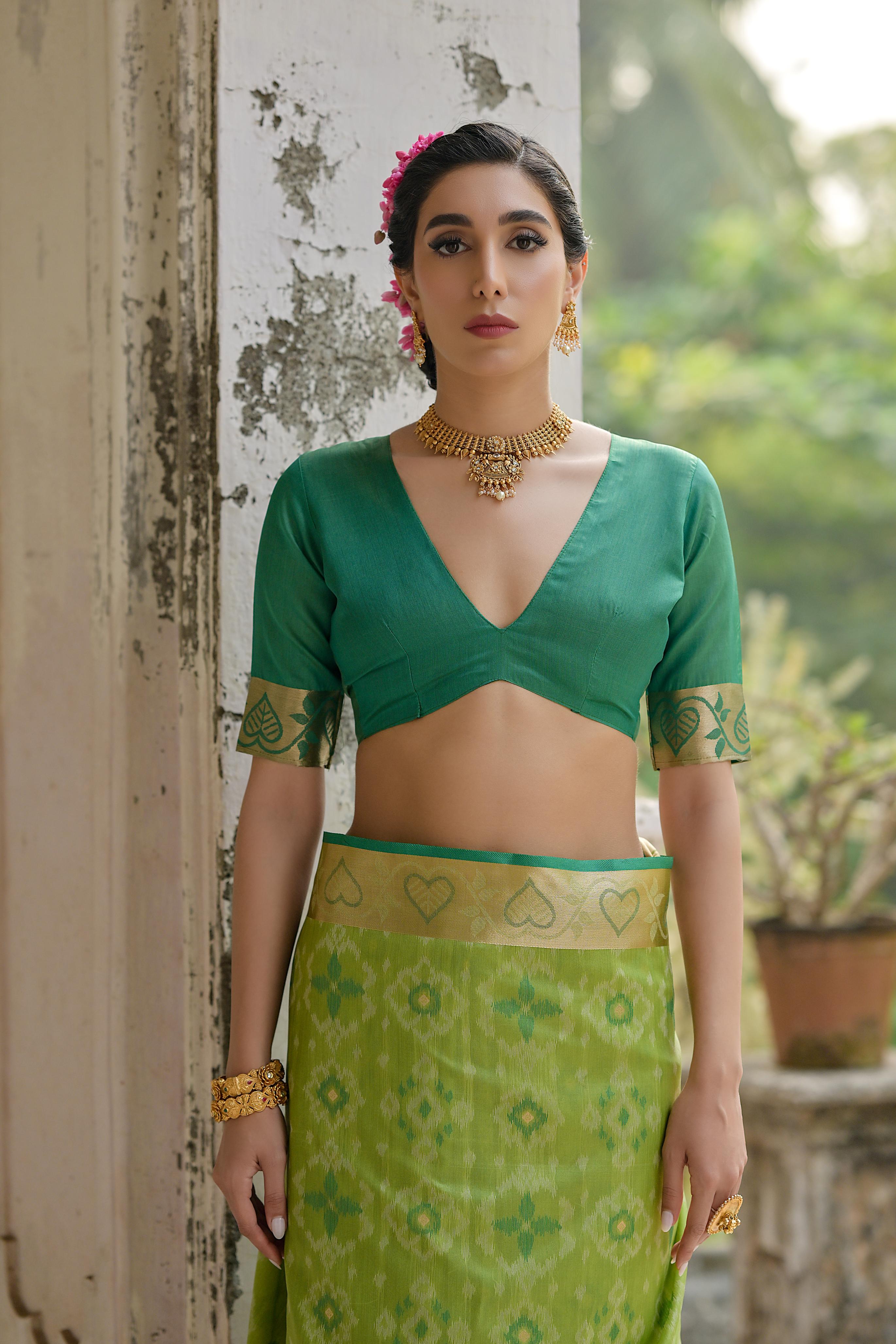 Pista Pochampali Ikkat Raw Silk Saree