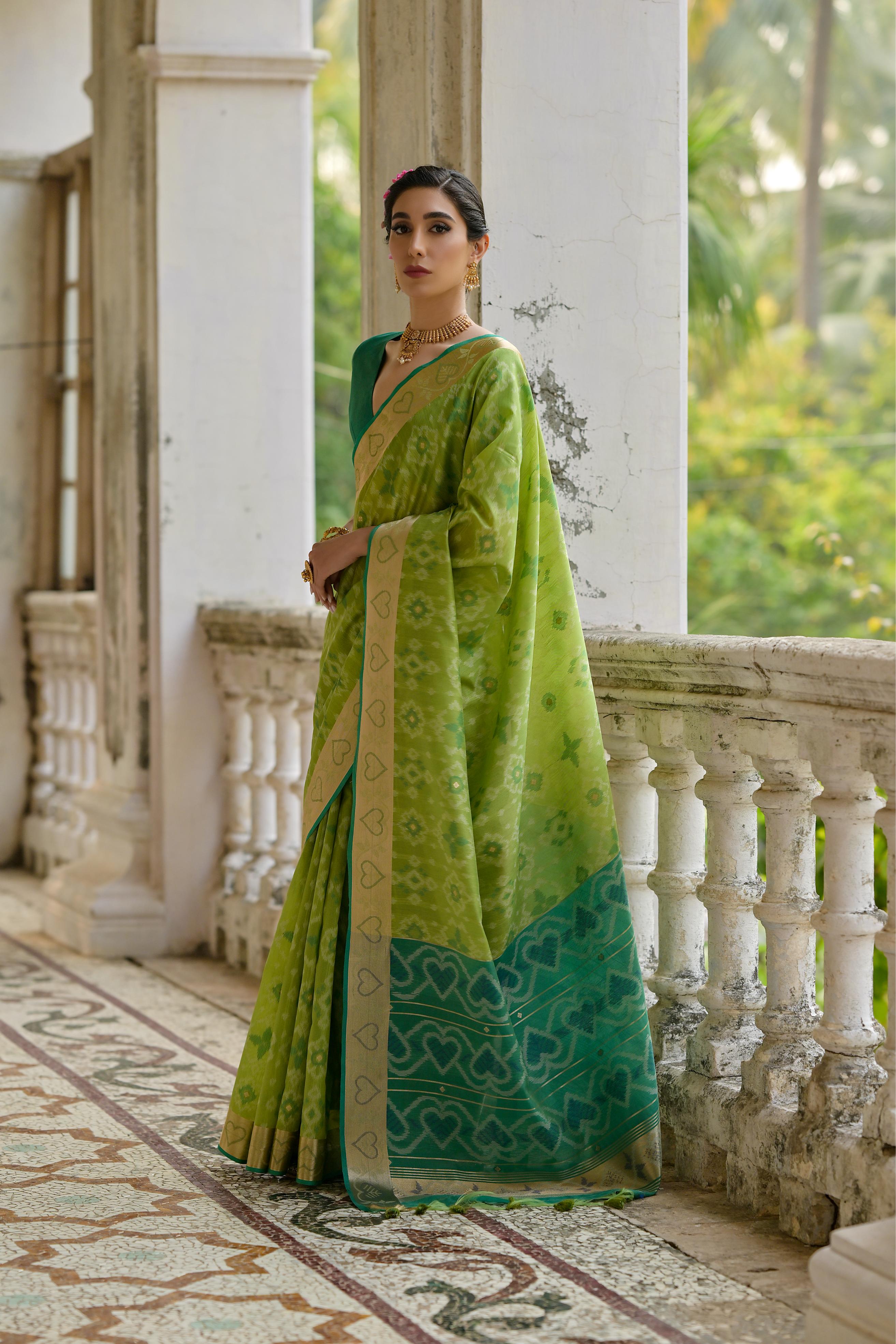 Pista Pochampali Ikkat Raw Silk Saree